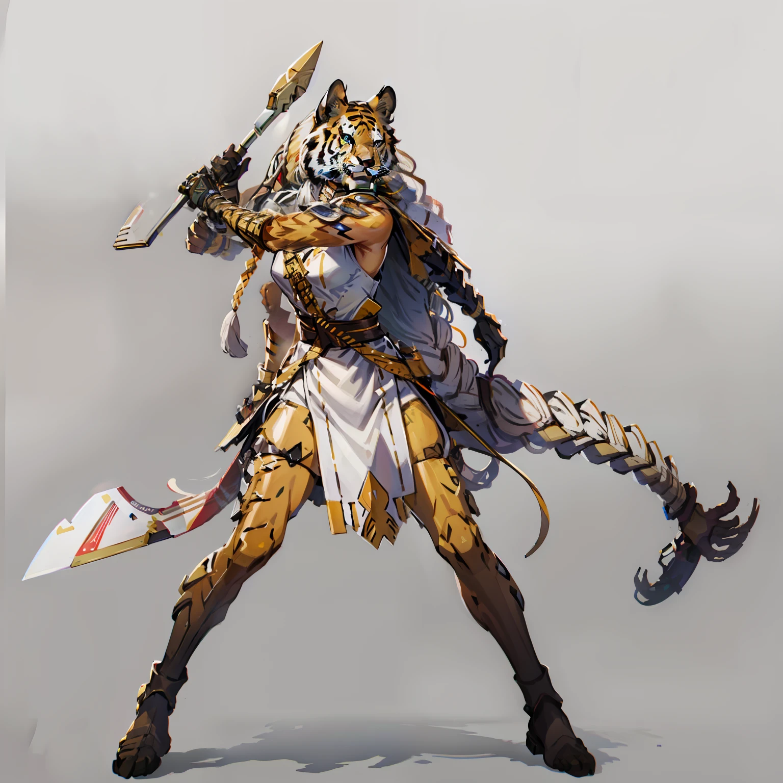 masterpiece, (no background), (full body shot), (white background), Amazon Warrior, Female, dreadlocks, brown skin color, boomerang, tiger fur