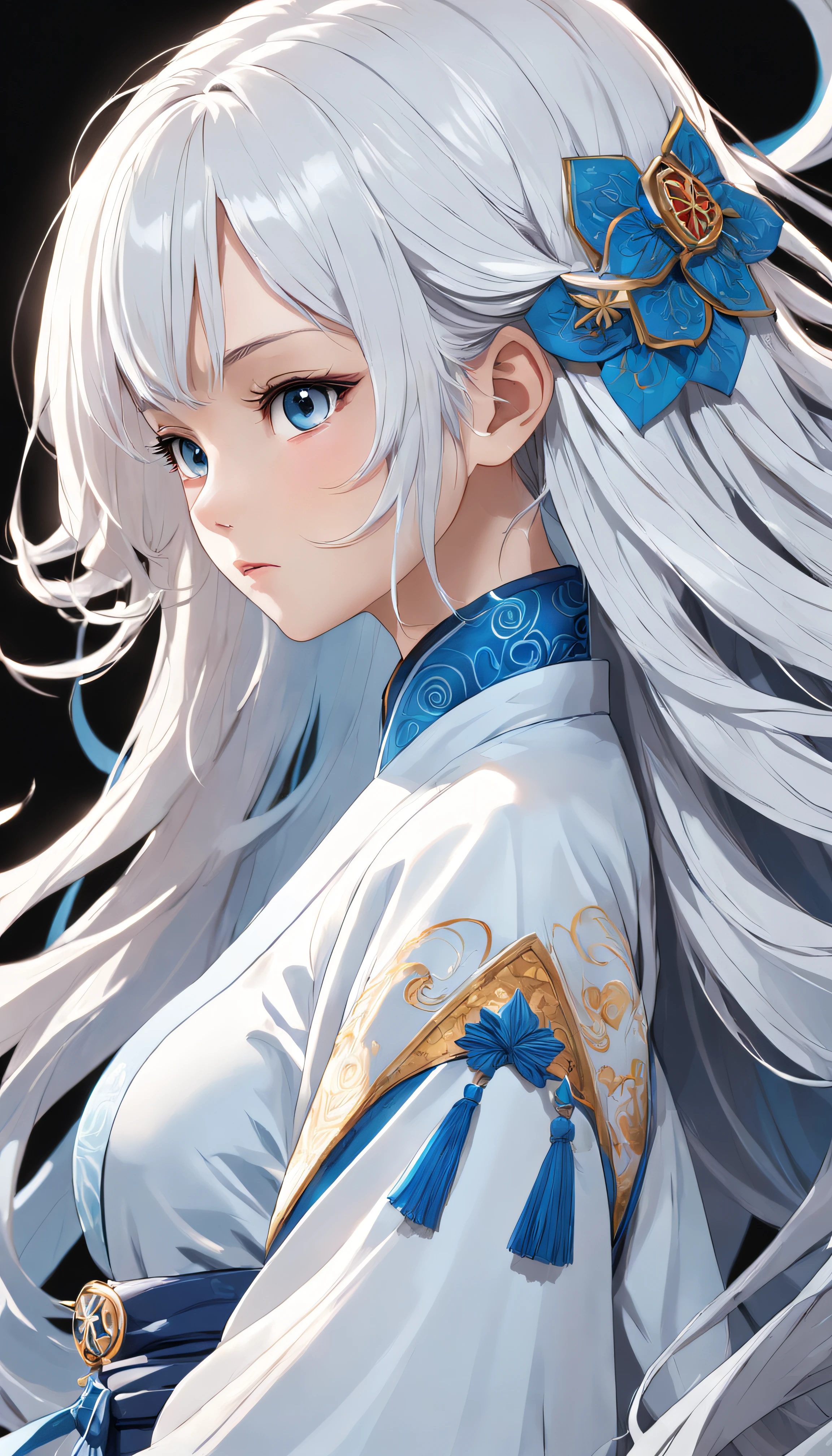 (White background:1.8),(1girll,white color hair,blue clothes,closeup cleavage, colorfull long hair, Oriental elements),(Super refined,Chinese illustration:1.3,paper art:1.3, Quilted paper art:1.2),( reasonable design, Clear lines, High sharpness,Best quality, Very detailed, Masterpiece, movie light effect, 4K )