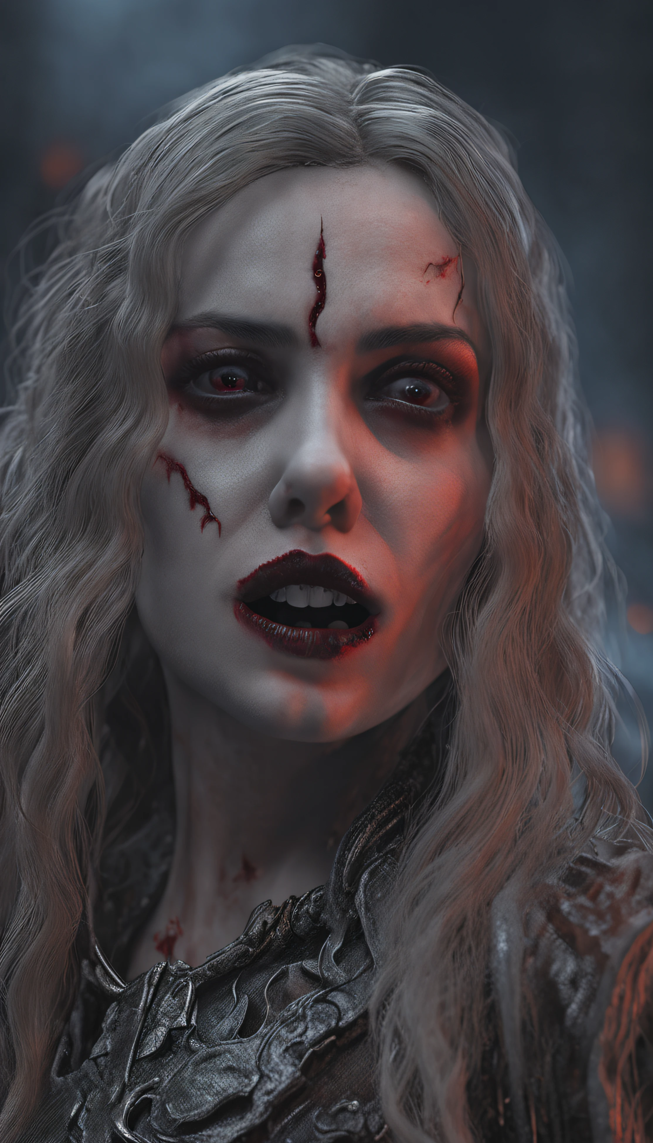 Masterpiece, highest quality, 8K HD, 1 vampire girl, Scary atmosphere, Gothic, open mouth, vampire teeth, Red eyes
，(masterpiece award winning , best quality:1. 2) , Christian Zombie Vampire, detailed face , grey eyes, cinematic , gloomy illumination, horror aesthetic, highly detailed environment, 16k, UHD, HDR, (Masterpiece:1. 5), (best quality:1. 5)