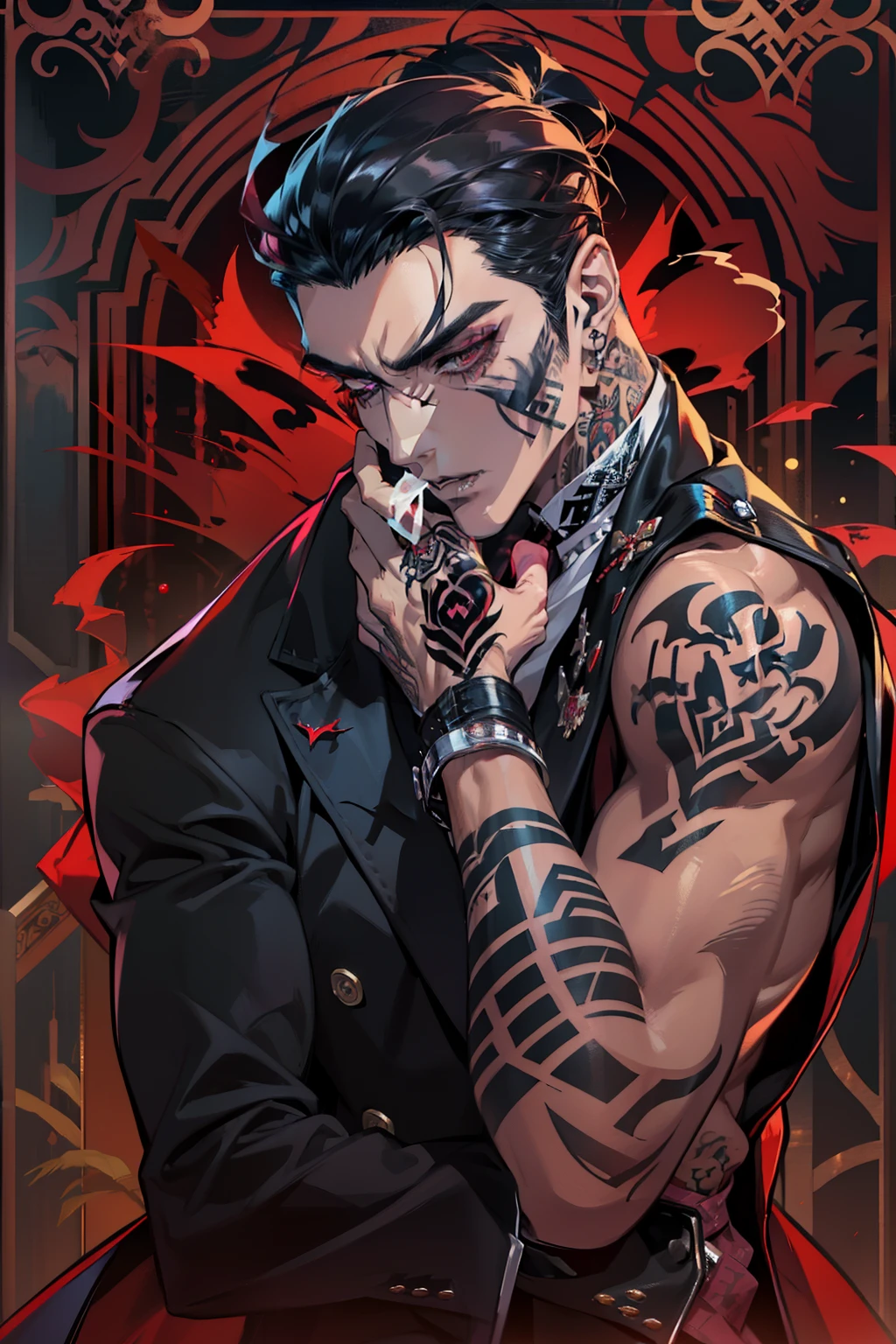 Male Mafia Noir Gambling Vampire dominant alpha gay couple macho sexy handsome demon old men with tattoos big chest big abs slicked back hairstyle smoking red eyes charisma unbutton outfit with abs goth perfect face structure detailed stylized black leather coat
