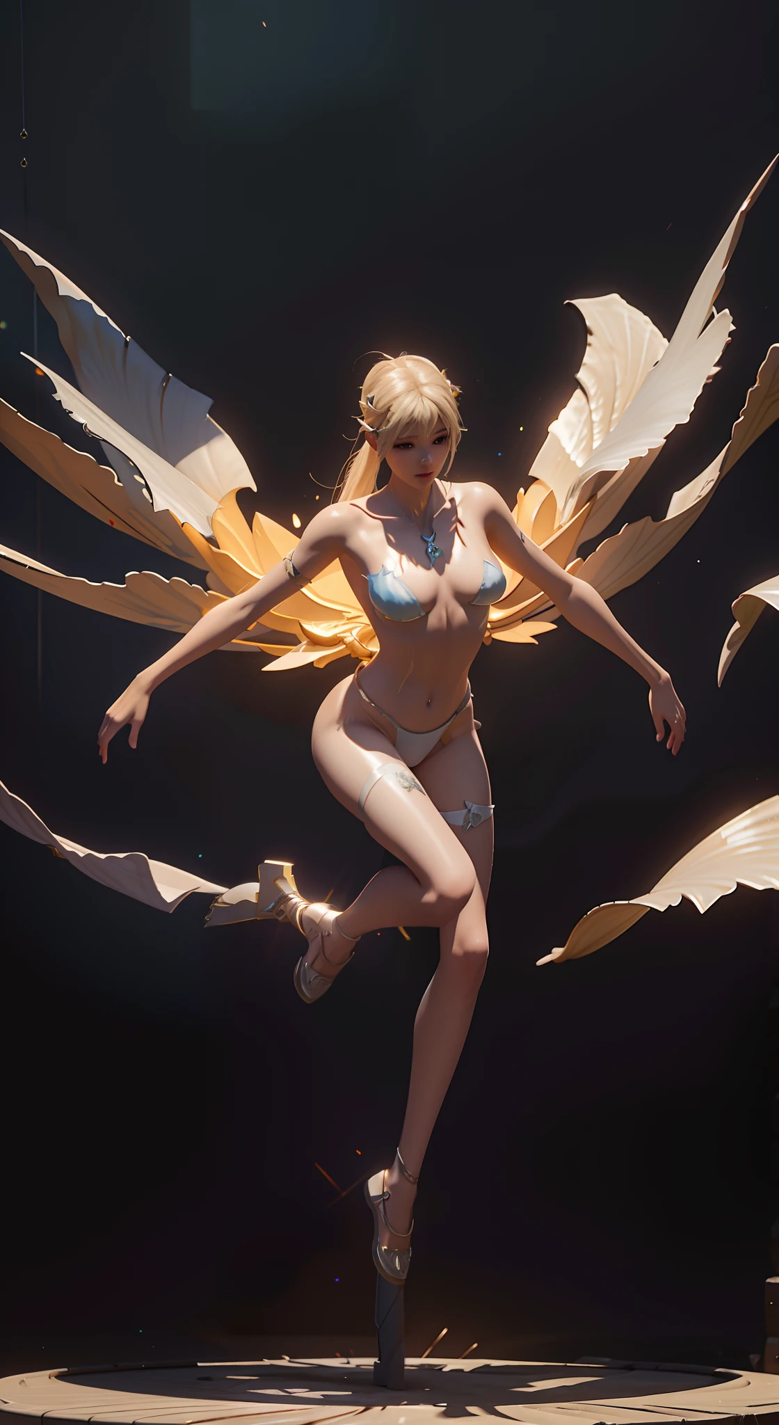 There was a woman in a bikini,Wings flutter in the air, ross tran and wlop, Ross Tran 8 K, CGsociety masterpiece, stunning cgsociety, unreal engine rendered + A goddess, rossdraws volumetric lighting, 3 D rendering character art 8 K, cgsociety contest winner, spreading her wings, inspired by Ross Tran, wlop and ross thran,slender leg