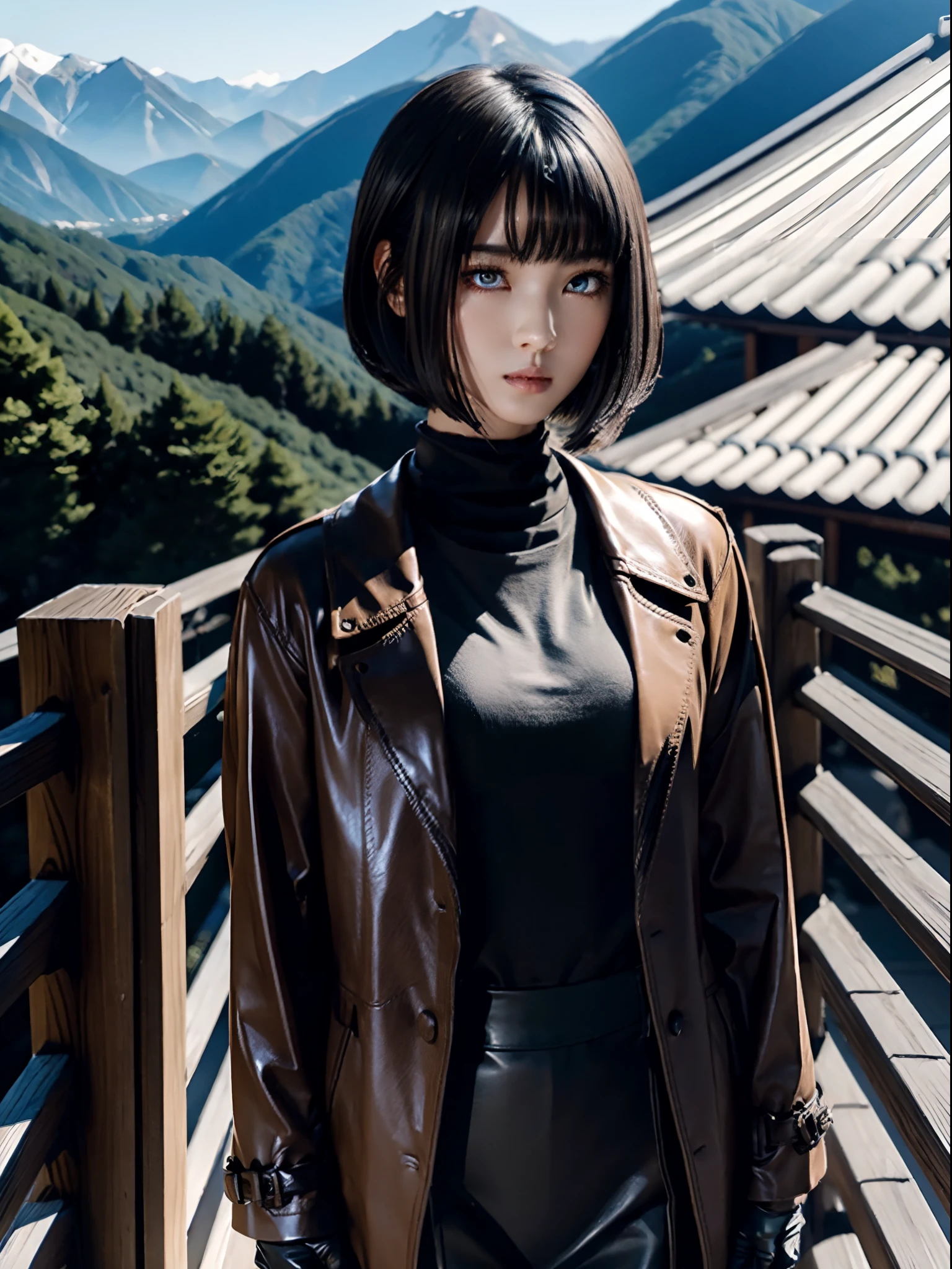 (((1womanl)))、masutepiece、top-quality、from the front side, full body Esbian、mind-blowing detail、Very small face、Beautiful black hair short layered hair bouncing inside、Seeing with keen eyes、Slender eyes| (Black eyes| The pupil has a thin ring that glows blue like an LED.)、Long upper eyelashes、beautiful double eyelid、thin lips、a closed mouth、Highly detailed white skin、Perfect super slender figure、Sheer breast、trench coat| (Light brown leather、tight fitted)、turtle neck| Black knitwear、short gloves| Black leather、Black slacks、long boots| Black knitting、Film Lighting、On a modern bridge in the mountains of Japan、perfect-composition、Large blurry background with large aperture zoom lens