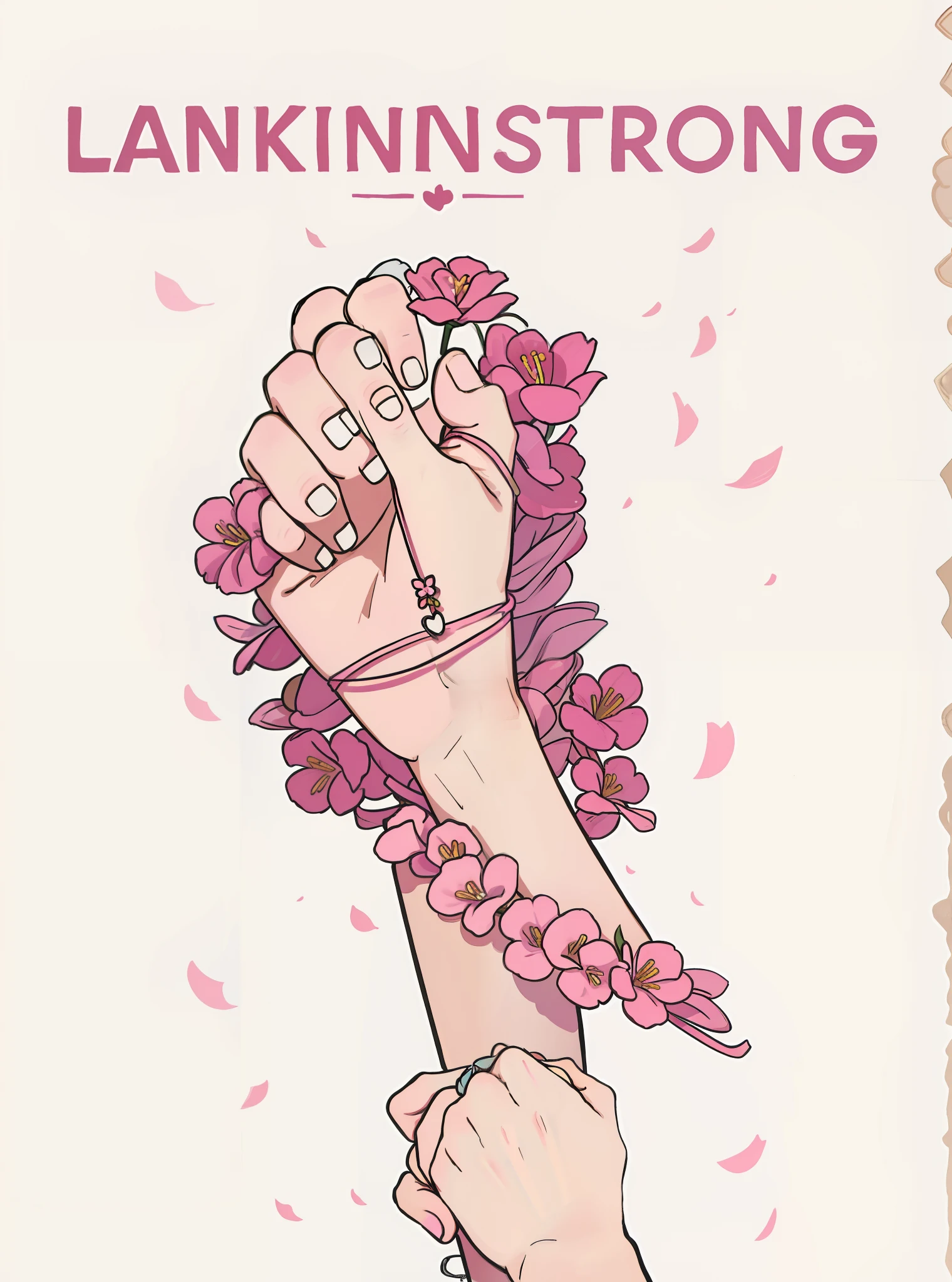 Hand holding flower necklace, pink flowers, closed fist