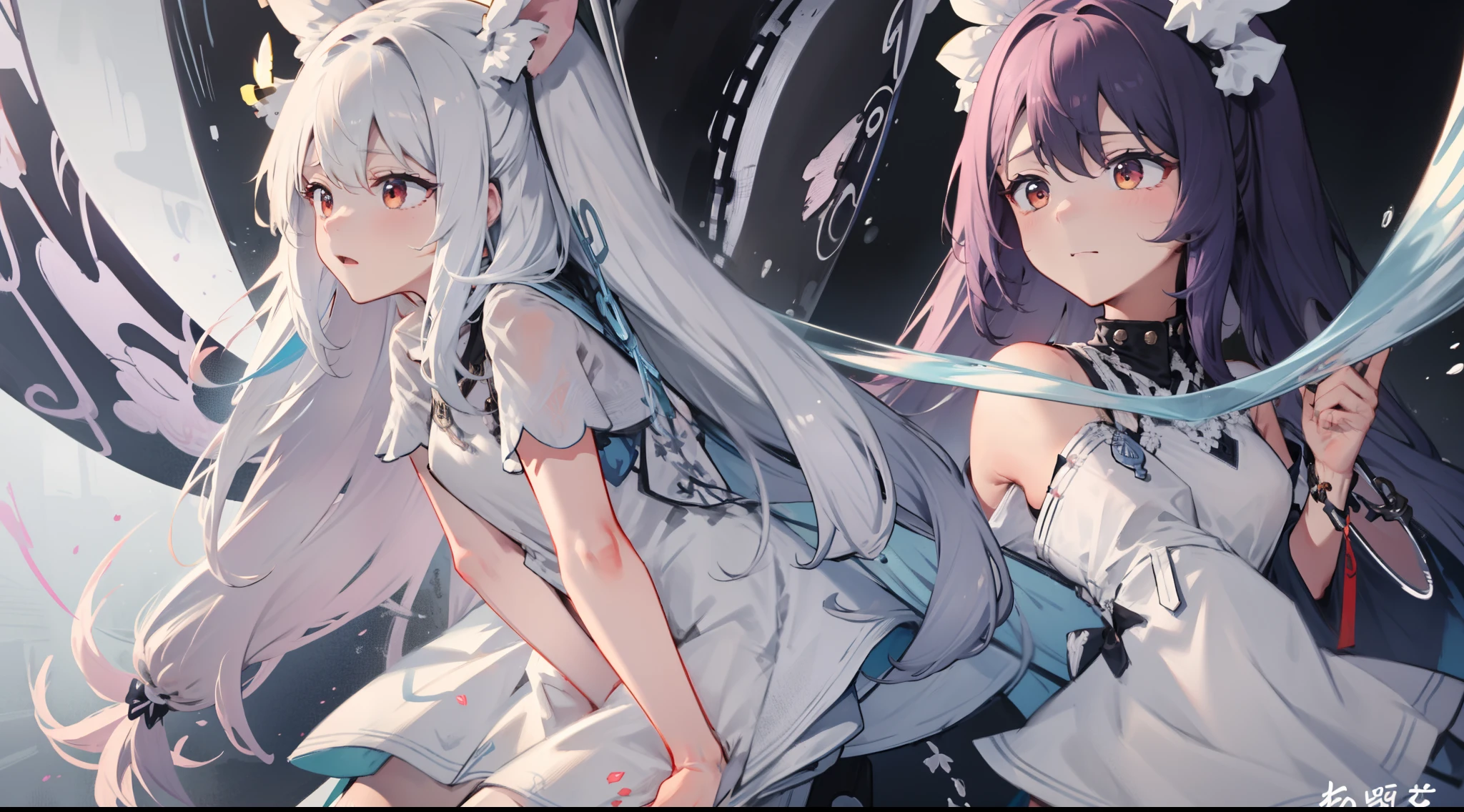 best qualtiy,tmasterpiece,8K,extra detail,。((1girll)),(whaite hair,Wavy,long whitr hair,Curly double tail),red - eyed,Side face,(((A whole body)),white dresses,(White coat),long leges,。((sitimetalcage)),Prismatic metal cage,Hold a black key,White stockings