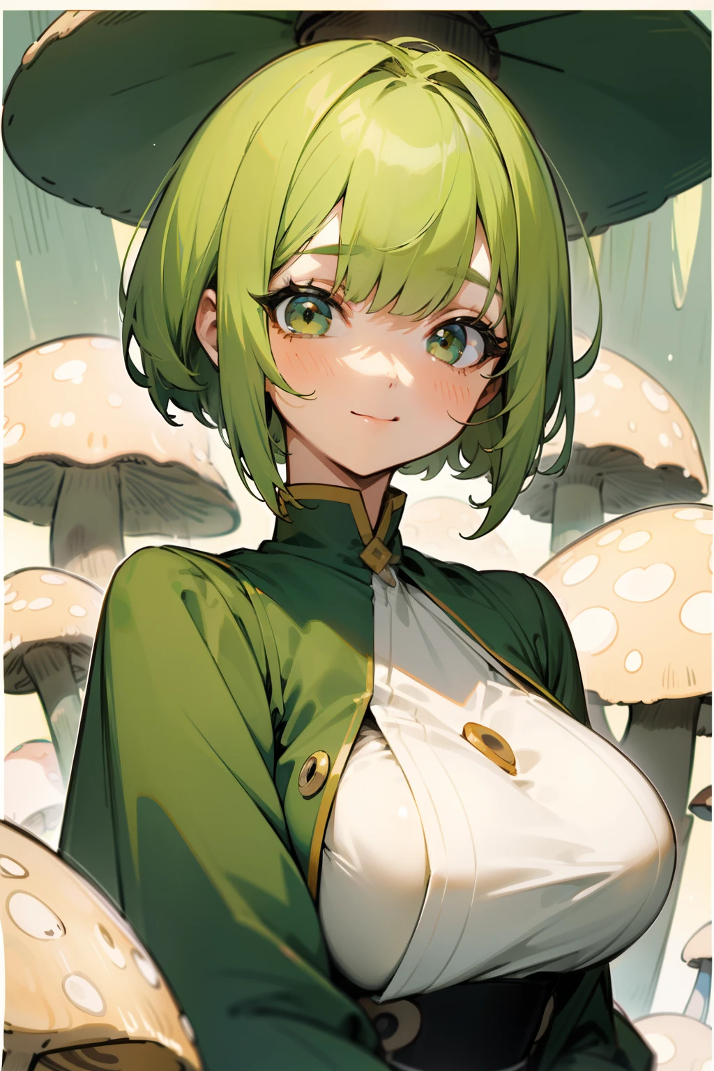 a beauty girl,Yellow-green hair,Mushroom hair、bobhair、short-hair、Gentle drooping eyes,large full breasts、校服,Manga style,fulcolor,hi-school girl,Calm and gentle face,Big smile、innocent smiles