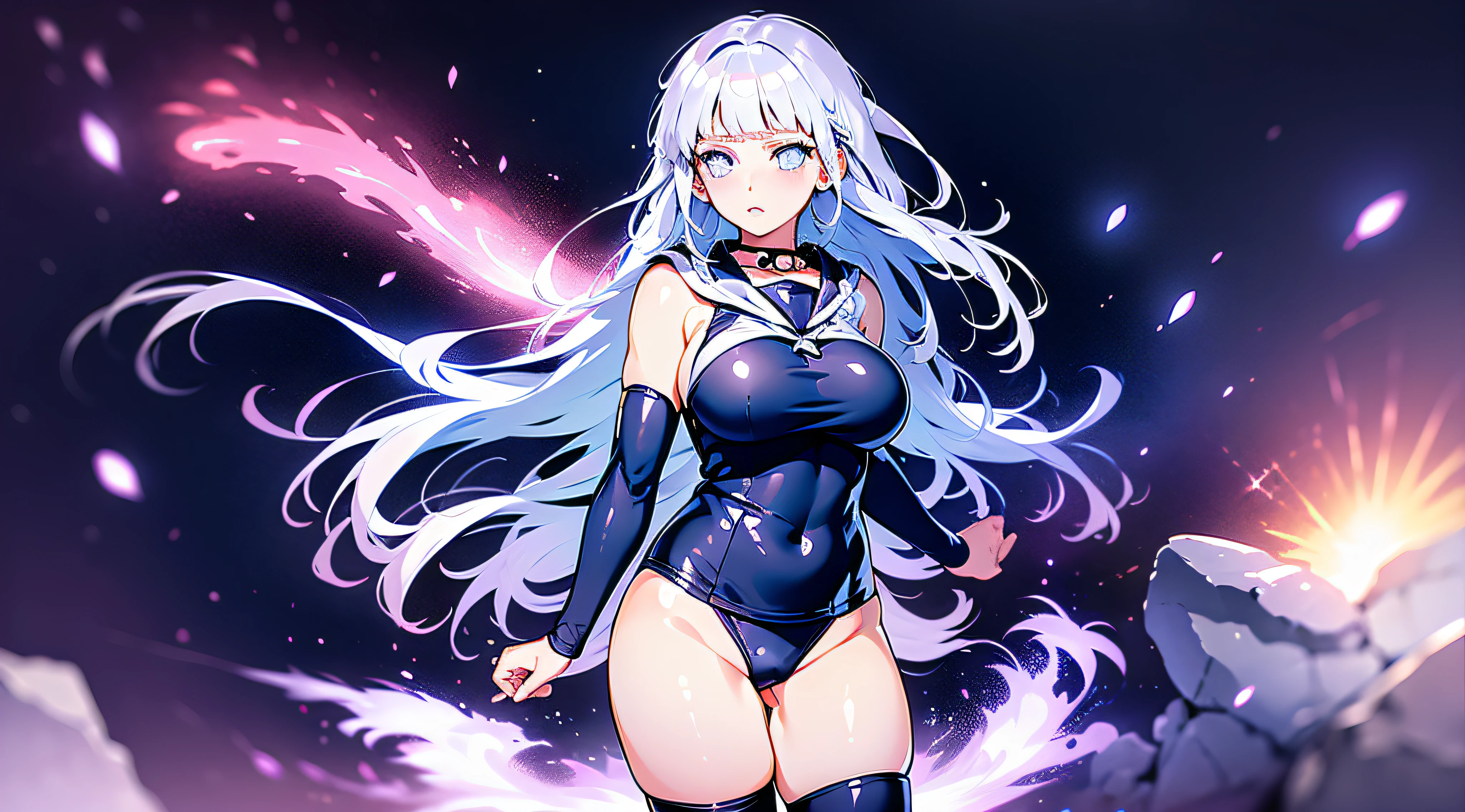 White hair,Hinata Hinata,School Swimsuit Outfit,Bigboobs,Black stockings,are standing,Skysky,Light particles
