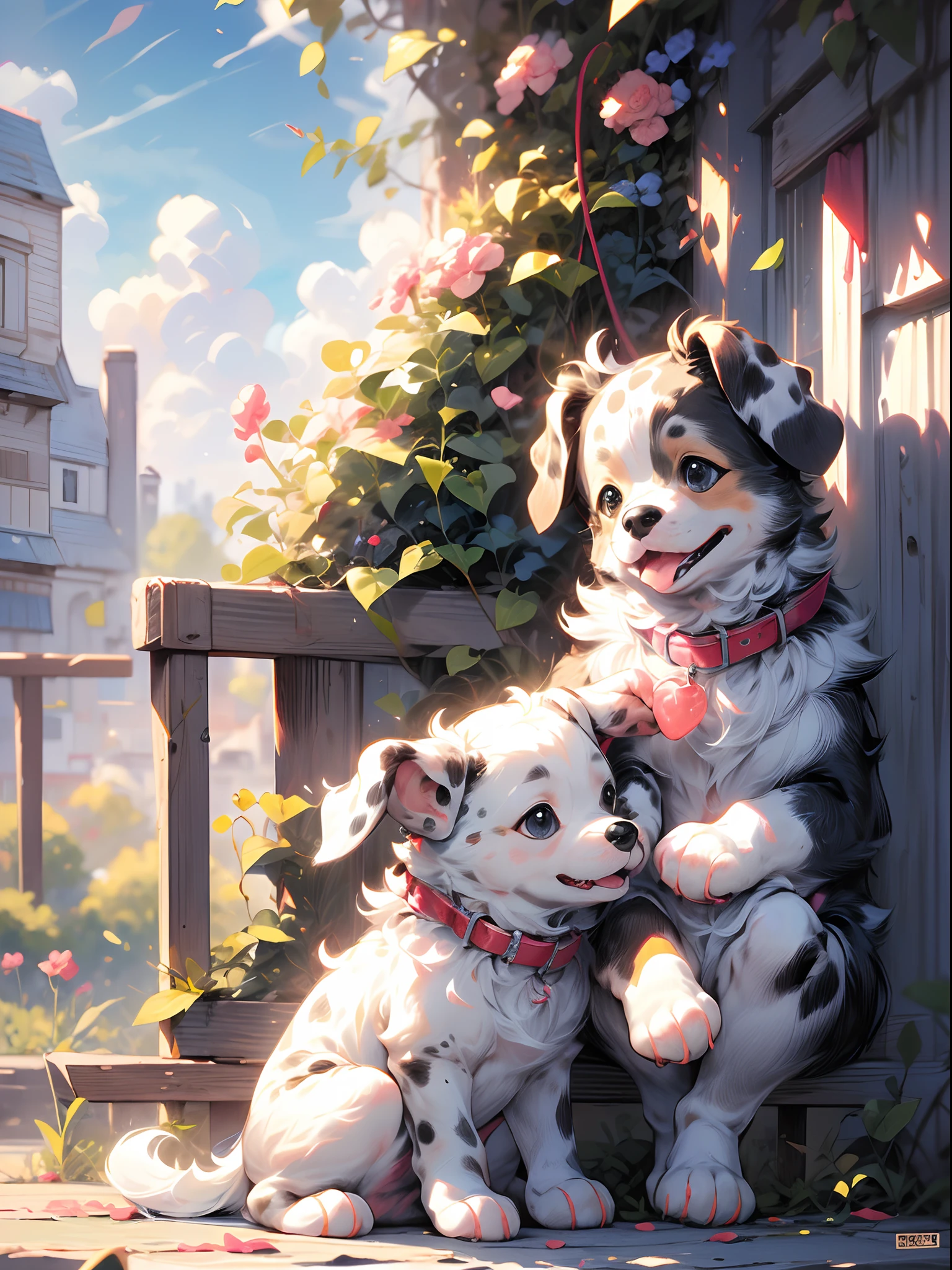 , (masterpiece:1.2), best quality,PIXIV, ((adorable Dalmatian)), playful ,happy, ((cute ddler with his puppy)), cuteness overload, adorable