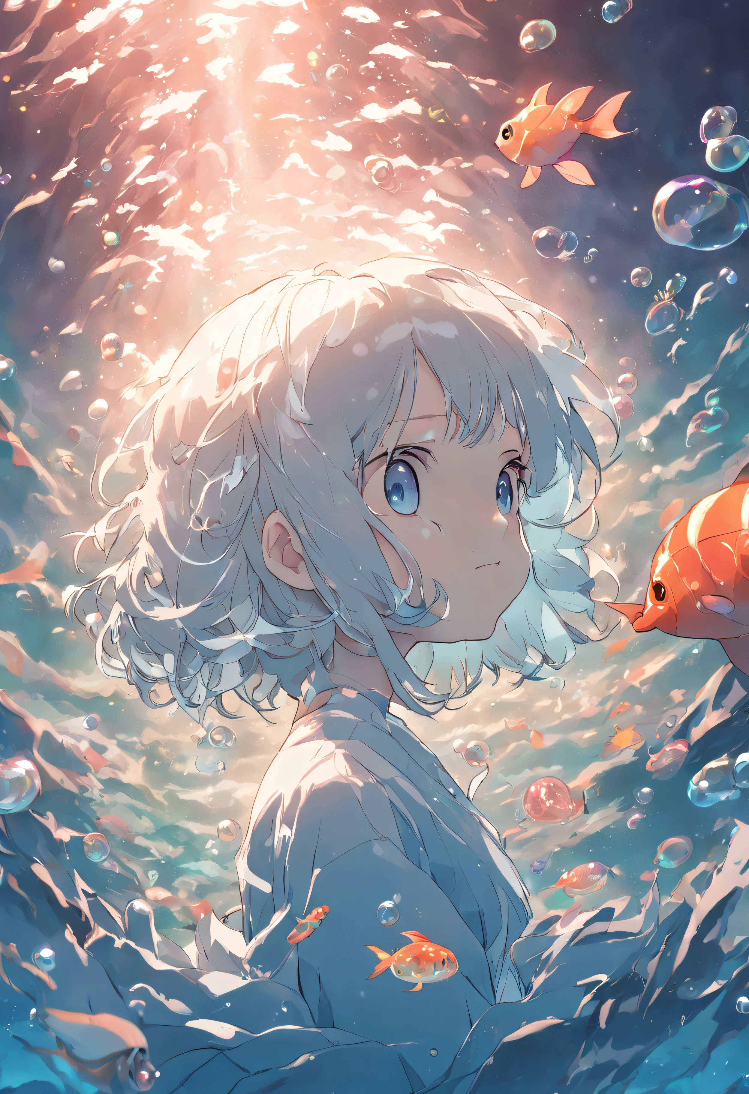 Undersea juvenile silver-haired shell house,Girl with short white hair,Colorful bubbles,a plant,Glowing small fish,Sparkling,ocean floor,( reasonable design, Clear lines, High sharpness,Best quality, Very detailed, Masterpiece, movie light effect, 4K )