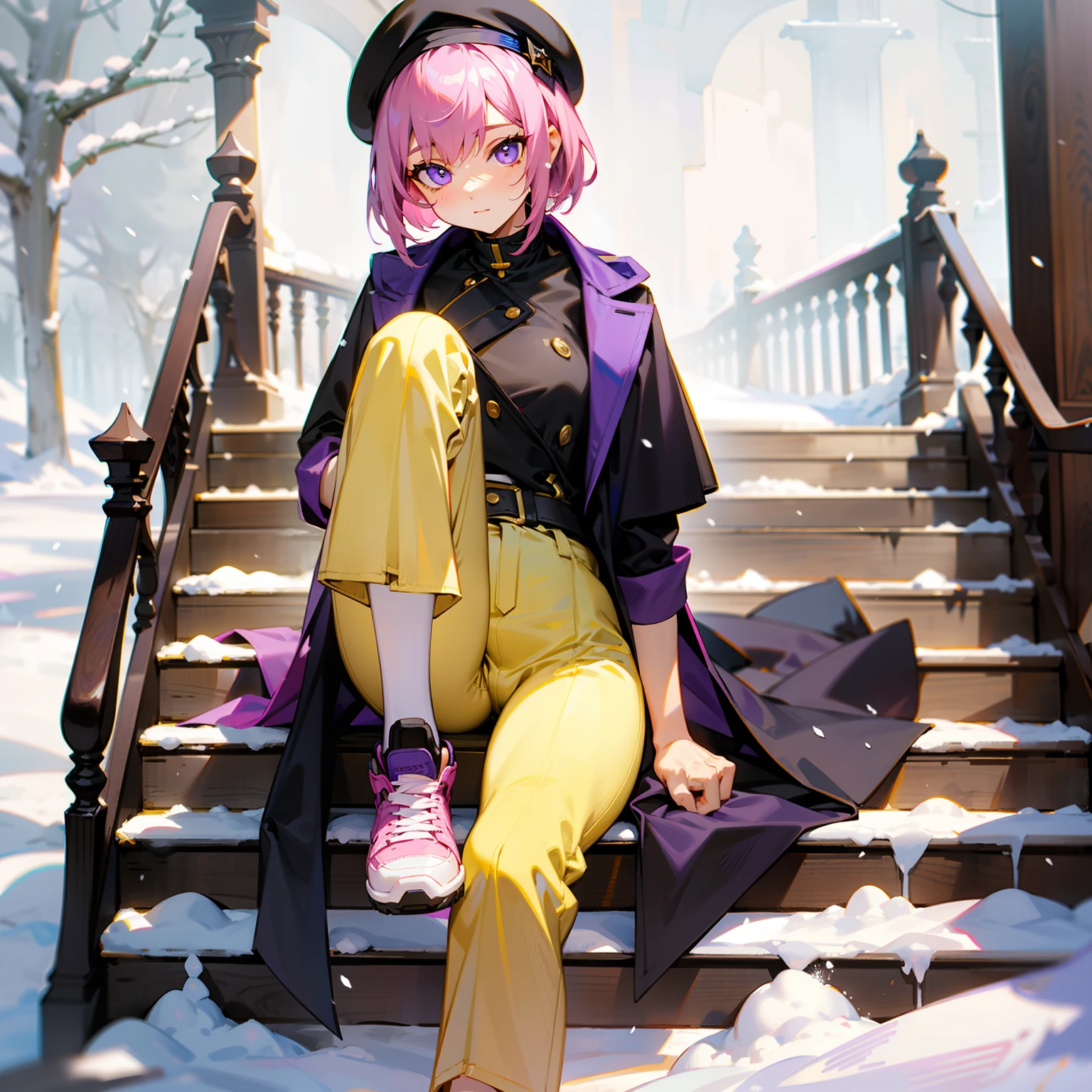 Wear loose yellow pants，Purple sneakers，Sit on the wooden stairs，Black violet coat，Gray berets，Short pink hair，On the snow，long leges，Fleshy legs，Raised sexy