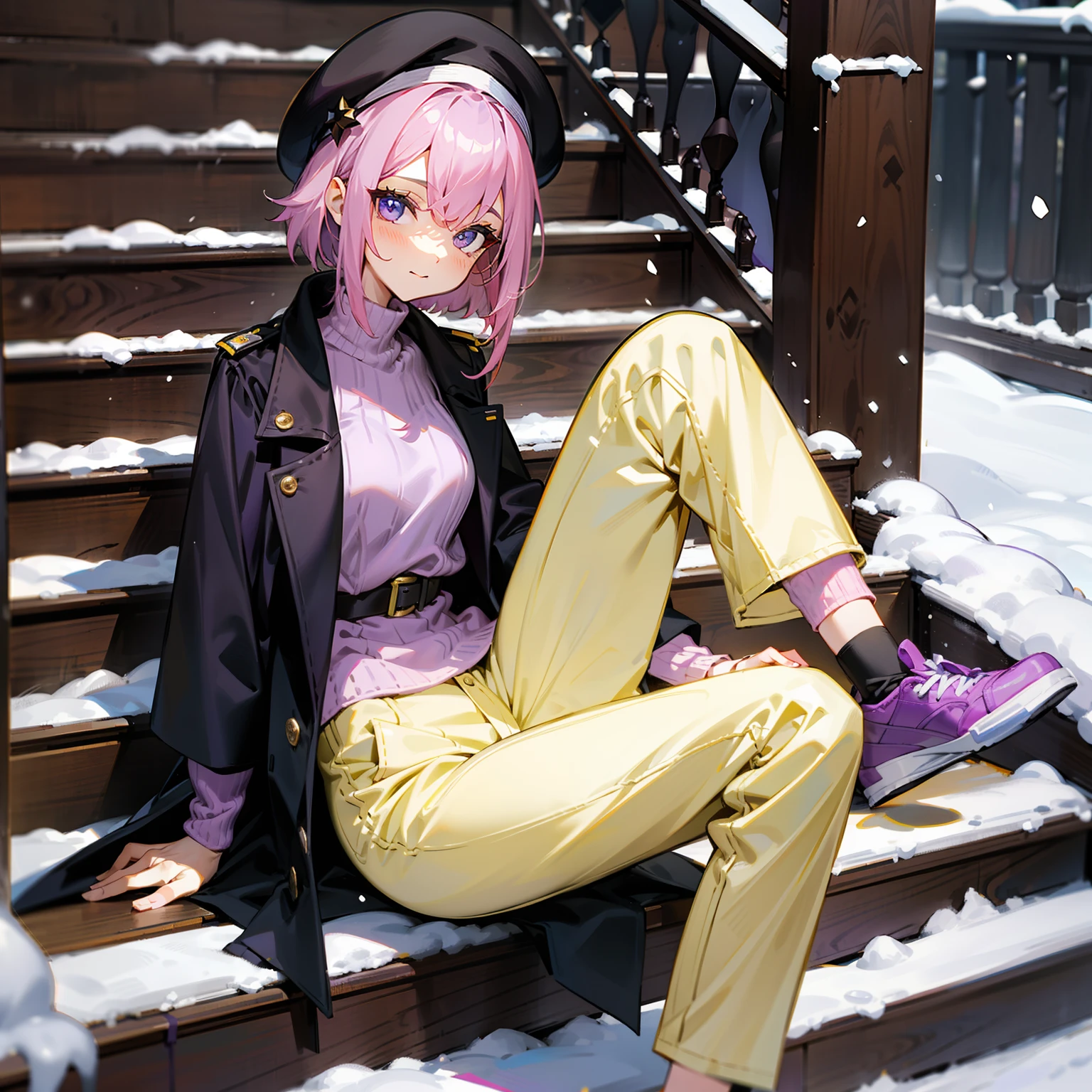 Wear loose yellow pants,Purple sneakers,Sit on the wooden stairs,Black violet coat,Gray berets,Short pink hair,On the snow,long leges,Fleshy legs,Raised sexy