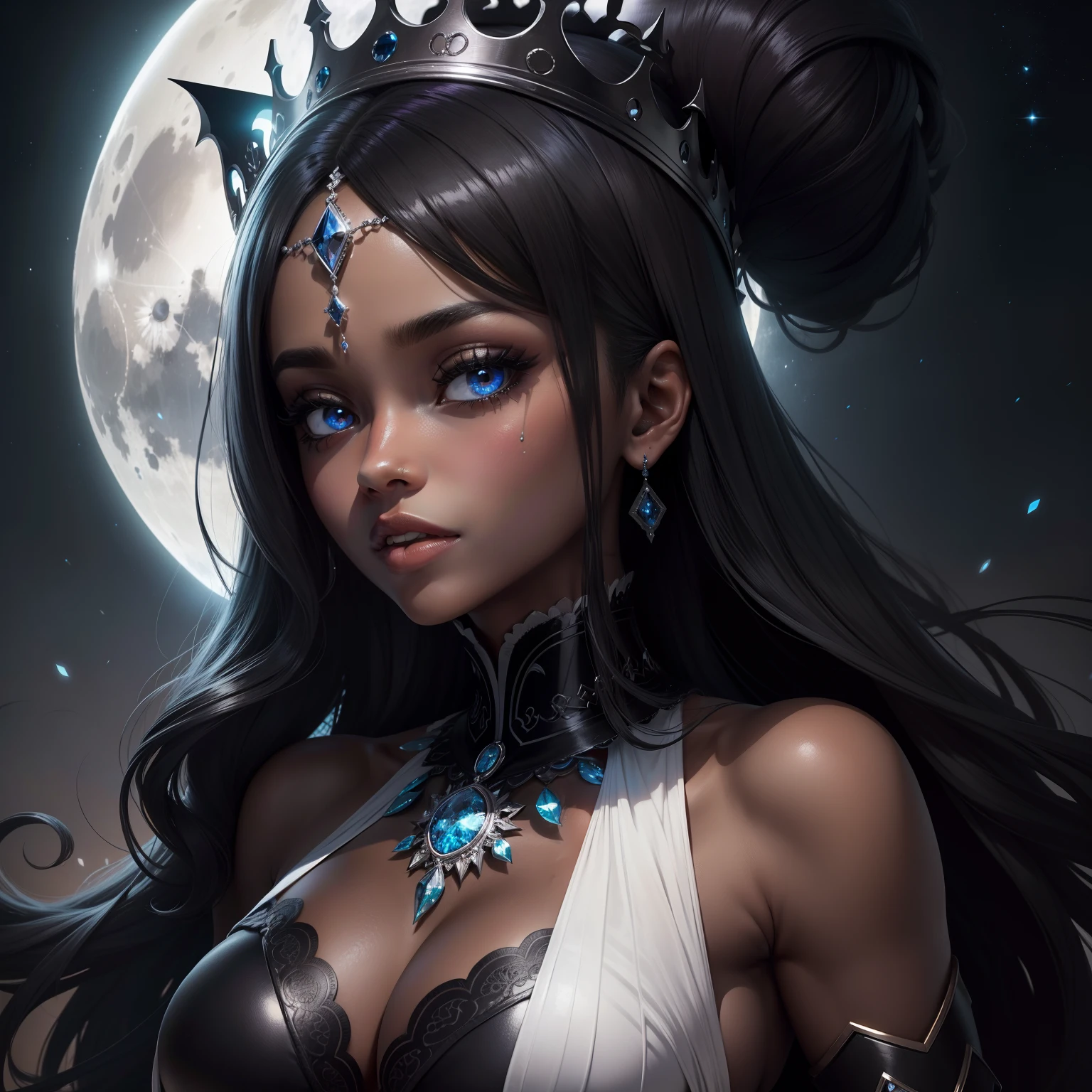 Mulher negra com monochome um olho castanho e outro olho azul, cabelos longos e cacheados, Bright moon behind, dark night with light particles, corpo cheio de brilho, princesa, vestido longo e recatado, mulher negra bonita, olhos de lua, olhos azuis, shiny crown on the head, olhando para a lua, mulher voando. Mulher preta, mulher negra.
