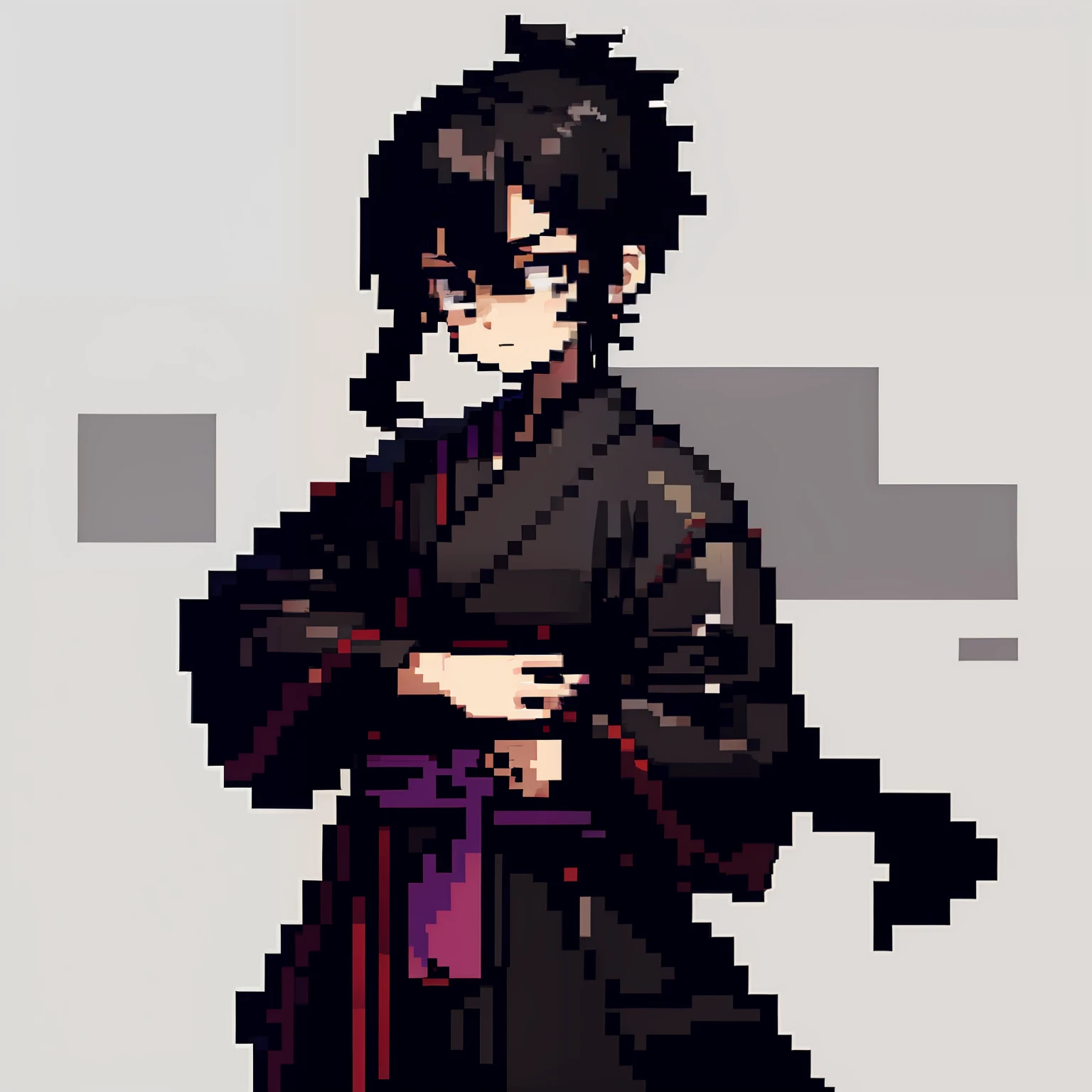 Pixel art, 1boy, solo, looking at viewer, black eyes, black hair, short hair,  pixel, black hair, samurai outfit, (male),madara style hair,long pony tails