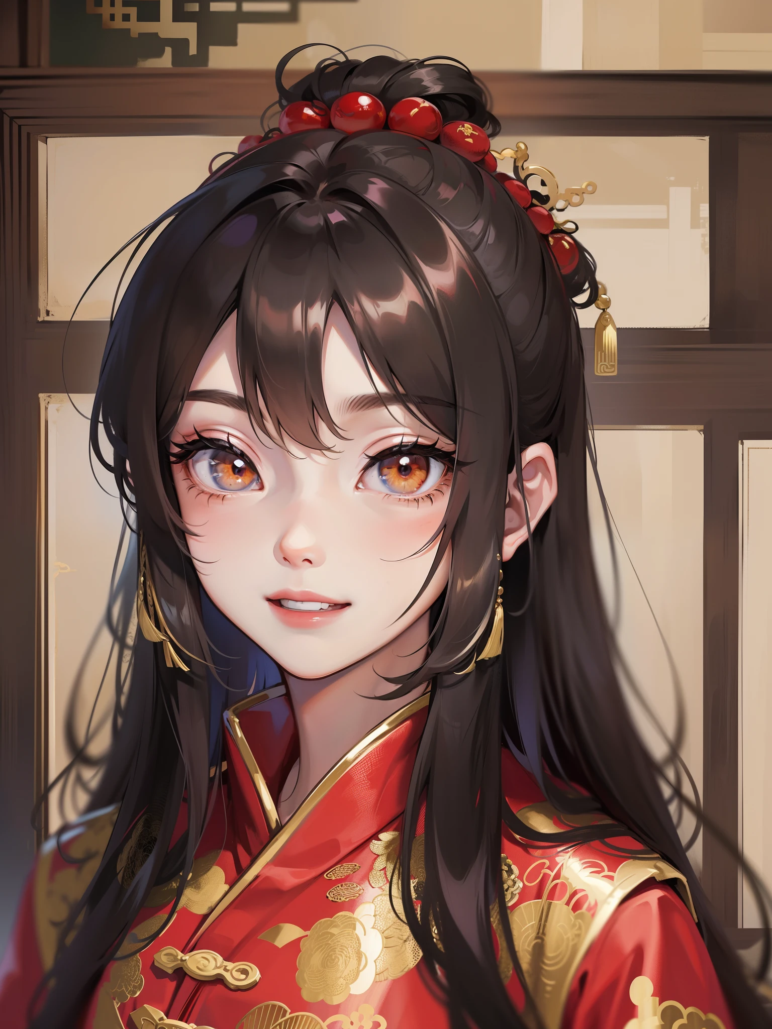 1 little boy，（Long hair with black shawl），Gold eyes，Red silk robe in ancient Chinese style，Childish feelings，smiling expression，A masterpiece，There are God's eyes，In the background is a quaint Chinese room，Close-up portrait of the face