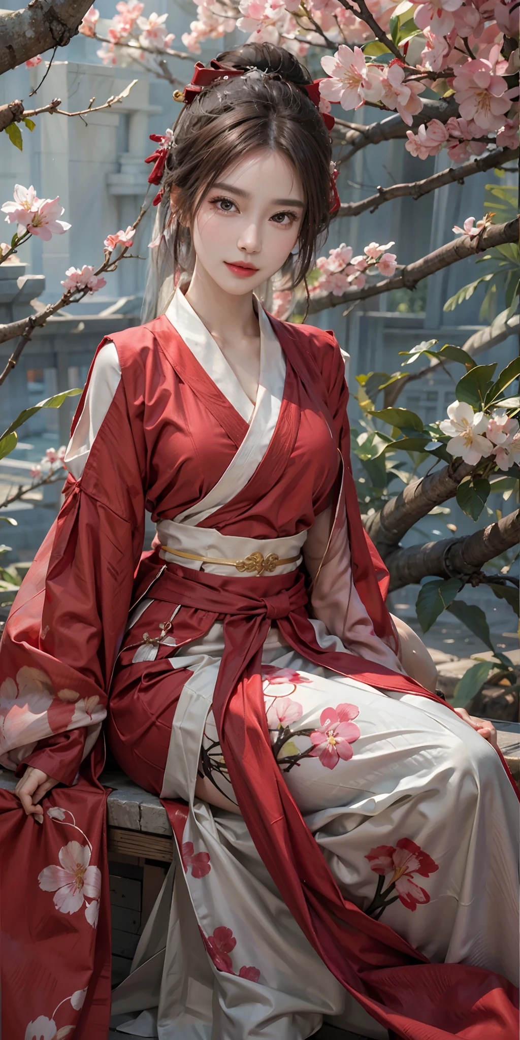 photorealistic, high resolution, soft light,1women, solo, hips up, shining skin, (detailed face),tattoo, jewelry, wedding hanfu, full red clothes, cherry blossom, night, white wavy hair, Beautiful Soldier, Eyes That Invite Viewer, Lover's Perspective, Inviting Expression, Sexy Smile, Perfect Style, Perfect Balance, Detailed Skin, Naughty Gaze, Chest Visible