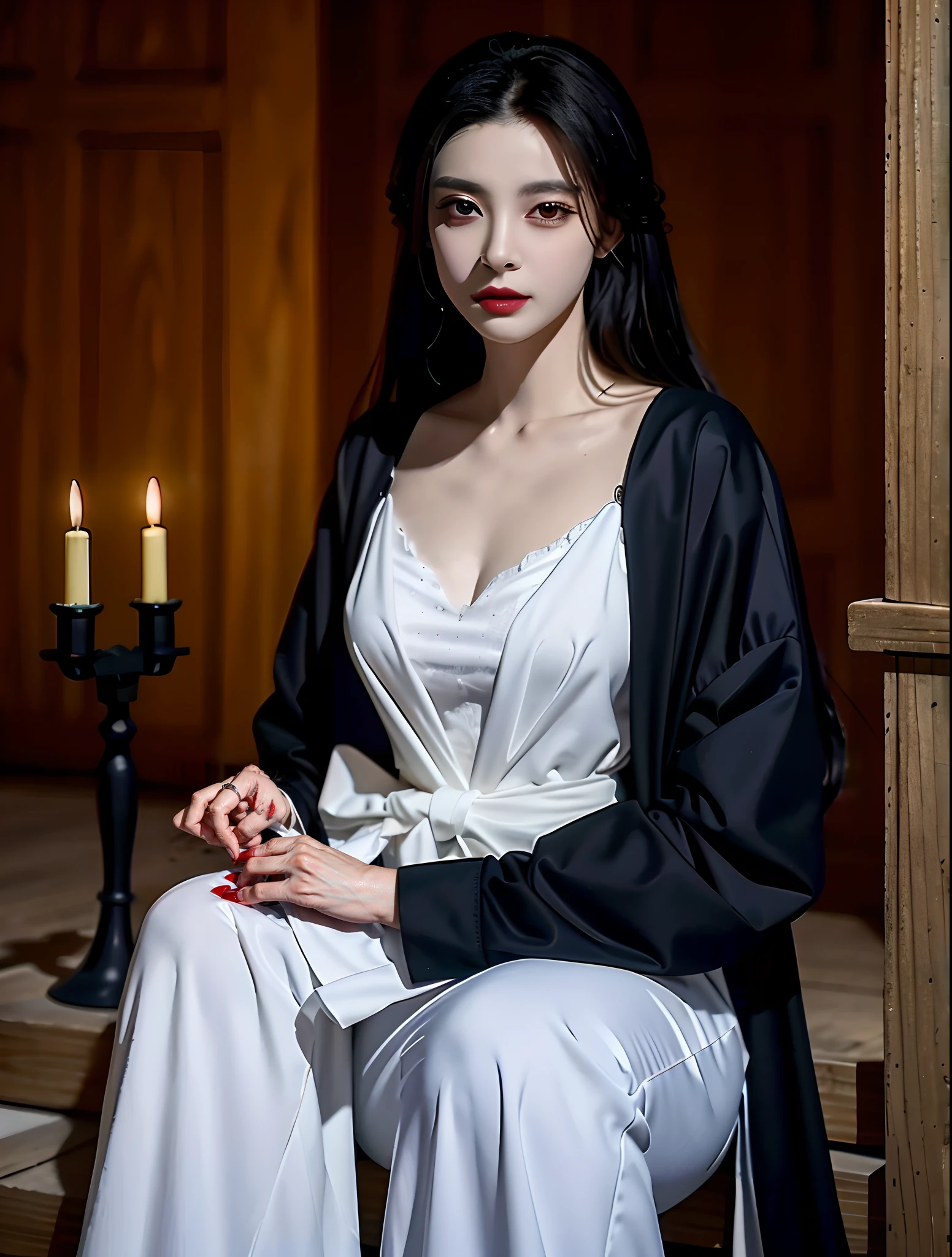 "A masterpiece of high quality，8K分辨率，Female vampires，Black medieval castle，perfect make-up，The pupils of women are bright red，The lips are black，The woman's clothes are black latex underwear，Wearing black pantyhose on the lower body