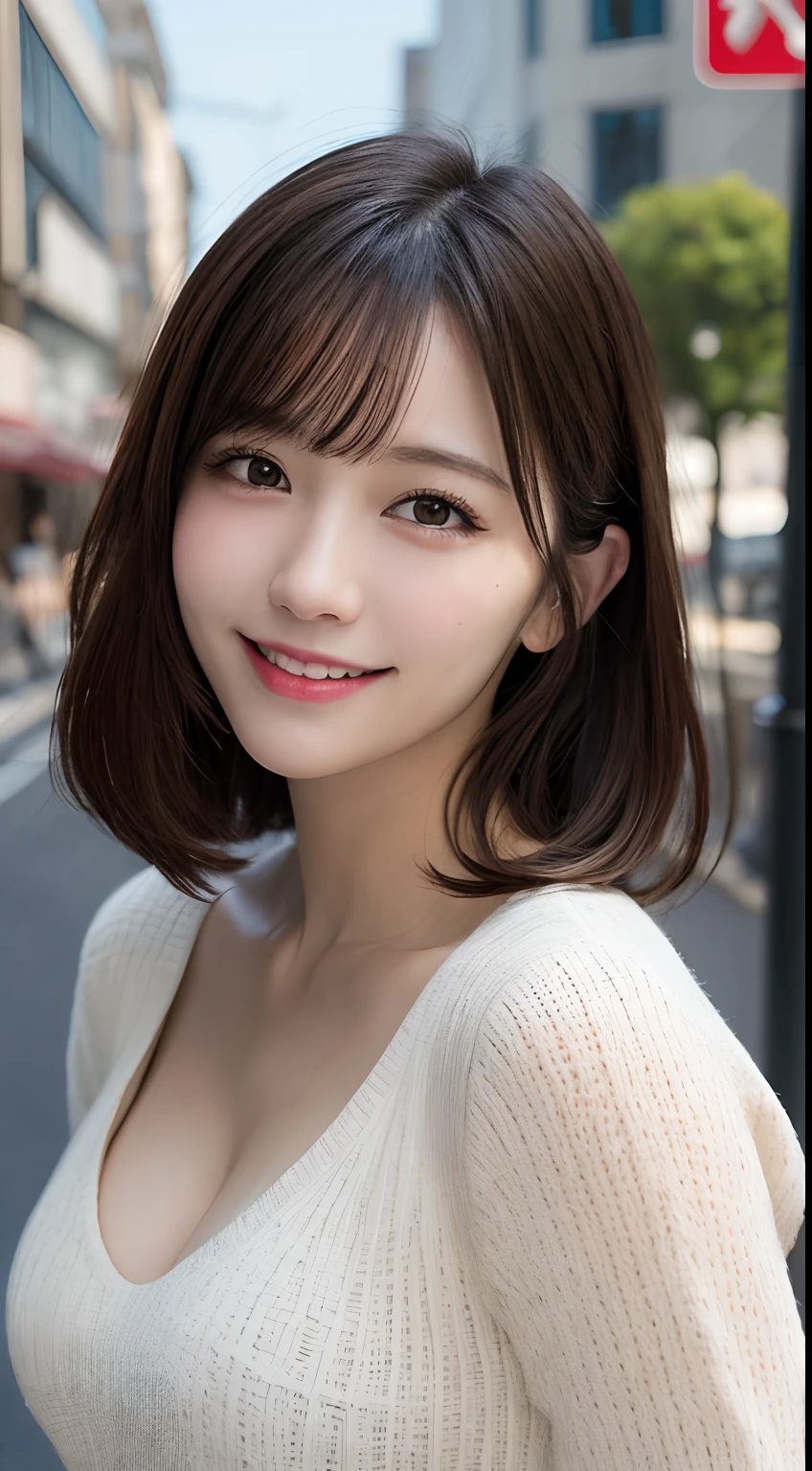 One Girl,(White sweater:1.4),(Fur trim,:1.2), (RAW Photos, highest quality), (Realistic, Photorealistic:2.0), Tabletop, Very delicate and beautiful, Very detailed, 8k wallpaper, wonderful, In detail, Very detailedなCG Unity, High resolution, Soft Light, Beautifully detailed 19 year old girl, Very detailedな目と顔, Beautifully detailed nose, Beautiful fine details,Cinema Lighting,City lights at night,Perfect Anatomy,Slender body,smile  (My hair is messy, Asymmetrical bangs, Light brown hair,)