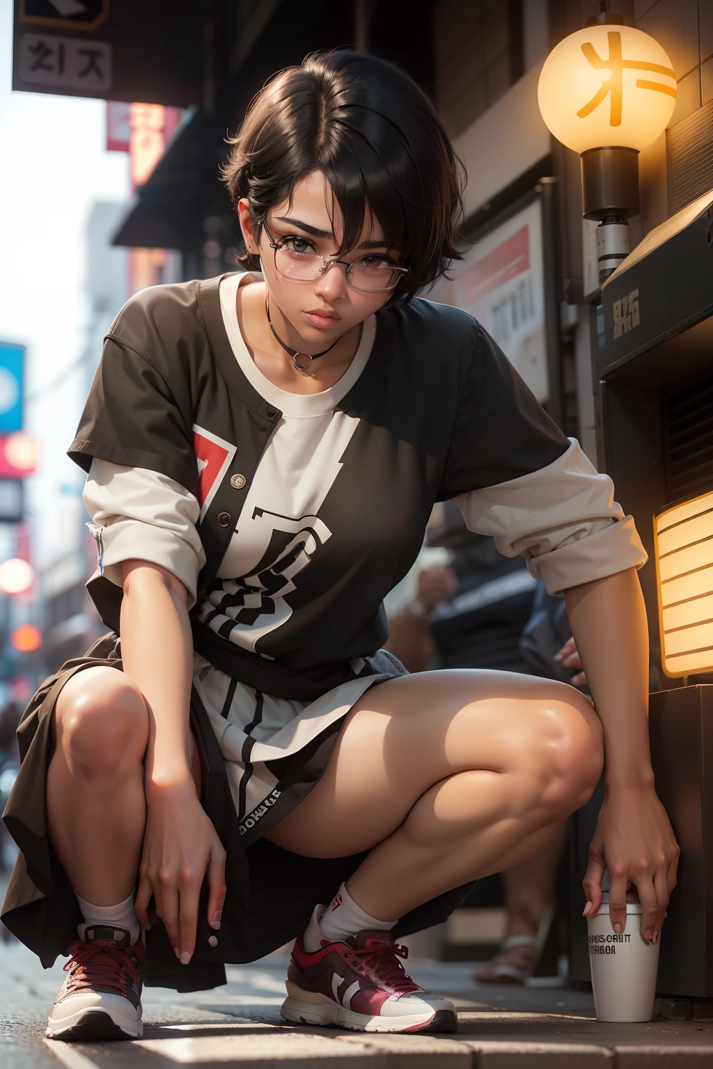 1girl, beautiful girl, wearing eyeglasses, brown skin, small mole on her left cheek, full body, Body Length 150 cm, 20 years old, brown skin girl, .(short black hair, Street hairstyle) , (black eyes), realistic eyes, beautiful and big eyes), masculine clothing, yakoza clothes, Delinquent clothes, Wearing sneakers, Small breasts, (8k wallpaper), (Tokyo streets wallpaper) 8k, high quilty, realistic, beautiful realistic, Cool details, raw photo, realistic clothing, short hair, black hair, realistic hair, Light and cool lighting, photo realistic, Cel shaded, Gel lighting, ultra details