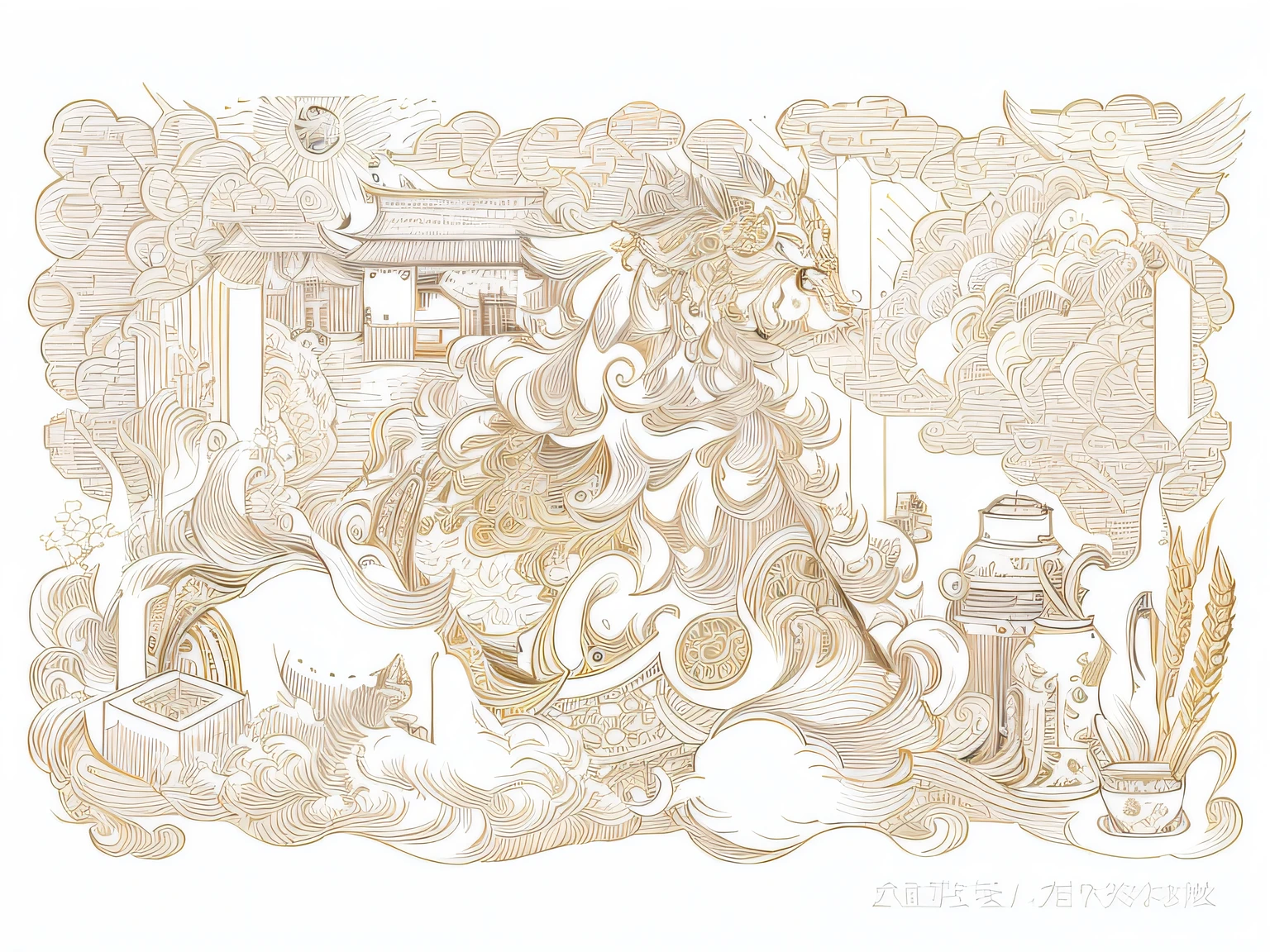 Close-up of brewed sake on top,There is a scene of the autumn harvest of wheat,There are a large number of clouds on top,The sun has a complex illustration, detailed intricate illustration, line art illustration, intricate detailed illustration, chinese brush pen illustration, Elaborate ink illustration, intricate details illustration, exquisite line art, intricate gold linework, intricate ink illustration, A beautiful artwork illustration, extremely detailed linework, detailed scenic view
