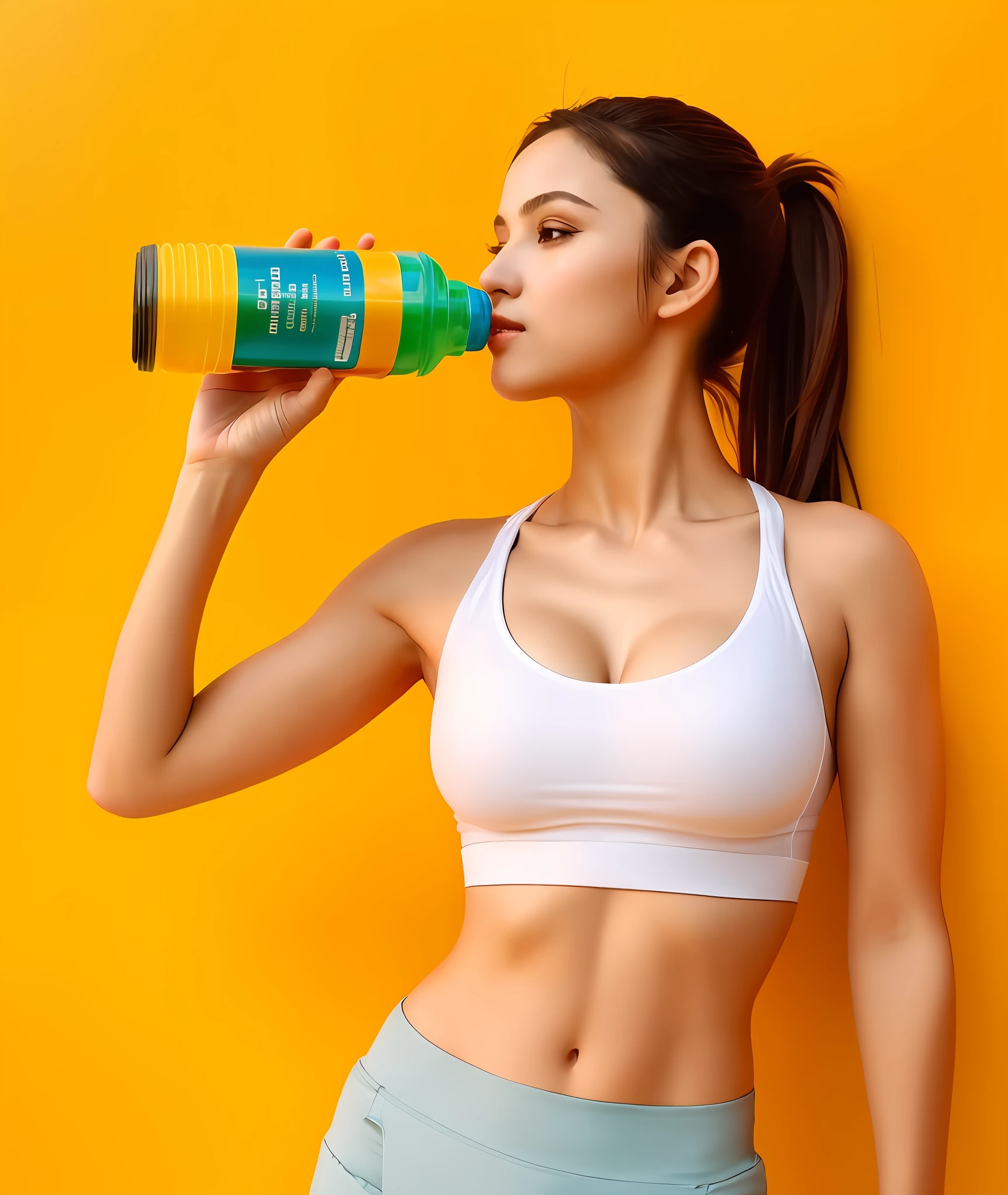 Beautiful woman arafed drink water from a bottle while standing against a yellow wall, water to waist, hydration, mulher em forma, menina em forma, energy drink, water, muita sede, segurando uma garrafa, lean muscle tone, water bottels, corpo tonificado, magro e tonificado, potrait de corpo inteiro segurando garrafa, transhumanist hydration, Beber, corpo em forma