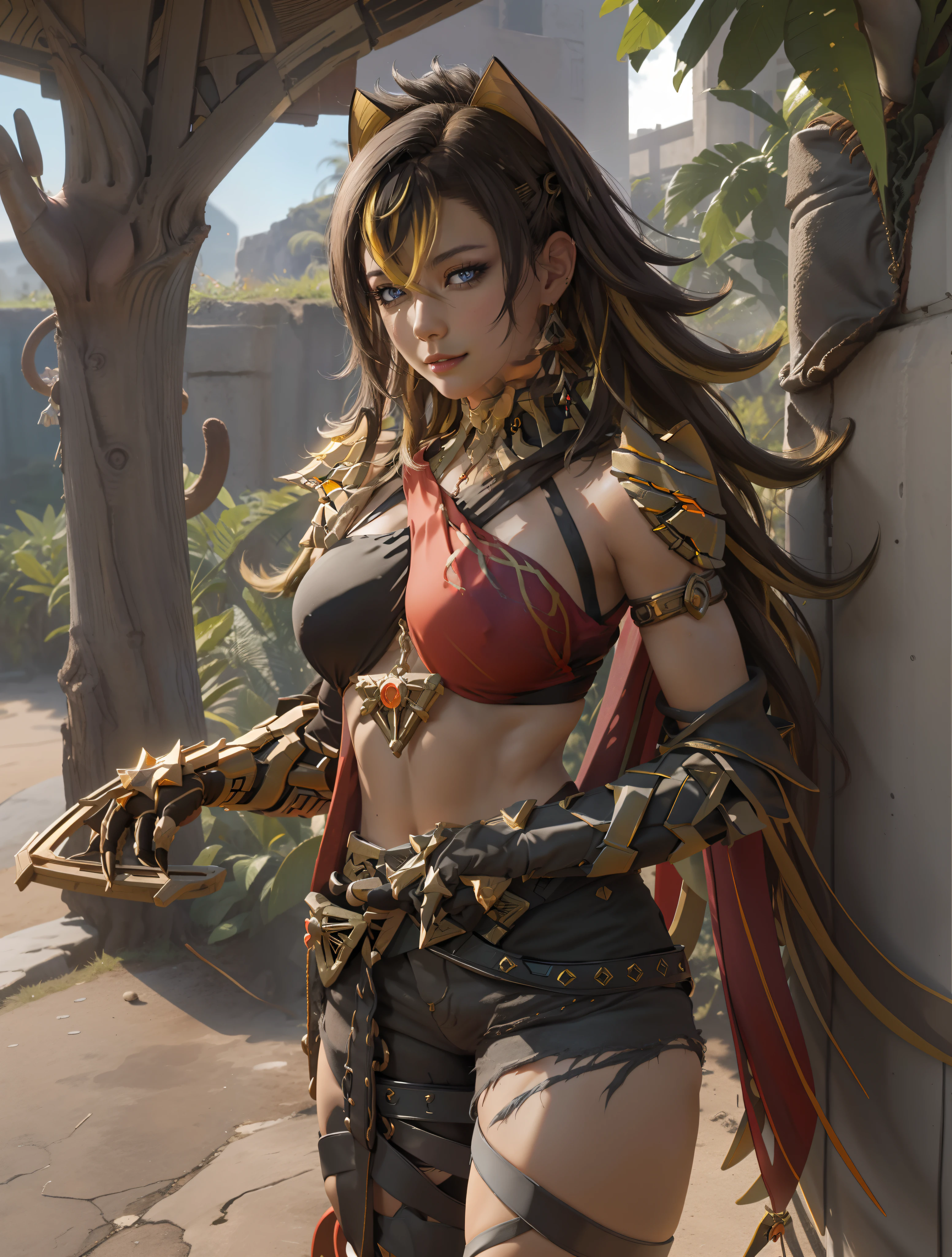 ((masutepiece)), (Best Quality:1.7), (Detailed:1.4), (hight resolution:1.4), 8K, (Colorful:1.5), 2D, High resolution, Sharp Images, Raw photo, Dehya_Genshin, 1girl in, (((Solo))), Black hair, Long hair, Blue eyes, big eye、A smile, middle body, Big breasts, Blonde bangs, Cat ears, ((middle body)), Black pants, Shirt,Torn clothes, Cowboy Shot, (((Jewelry))), Black Gloves, (((armor))), thighs thighs thighs thighs, 鎖骨, Official Custom Rep, Armor Choker, A desert, cleavage, Parted lips, striated hair, Midriff, Hair intake, dark skinned female, halterneck, armlet, Black Gloves, ((criss-cross halter)), Torn clothes, Belt bag, Red Nails, nail polish, (((Armor Armlet))), fingerless glove, Two-tone breasted, ((thighs thighs thighs thighs)), angry, Serious, closes mouth, Narrow eyes, eye line, ((Looking at Viewer)), Red chest, ((Bare legs)), Sunset, Gloves with claws, hand on own hip, (((shoulder armer))), Armor Bracelet, Belt Armor, (earrings), Gold Chain, ornaments, ((Partial blonde hair)),