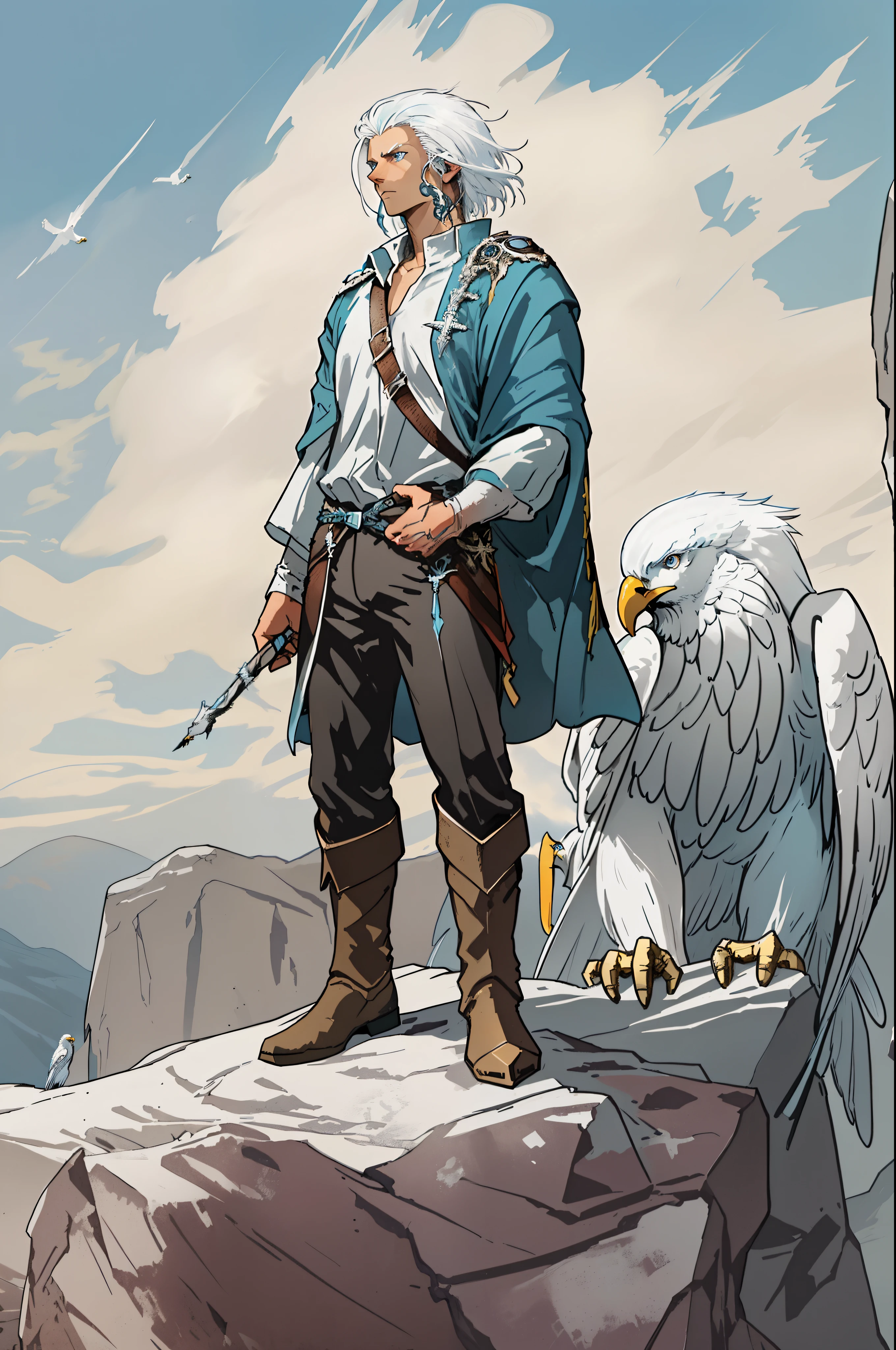 "Three sidedview, A young man with white hair and piercing blue eyes stands proudly beside a majestic white eagle atop a rugged rock, gazing towards the distant horizon in a bygone era."