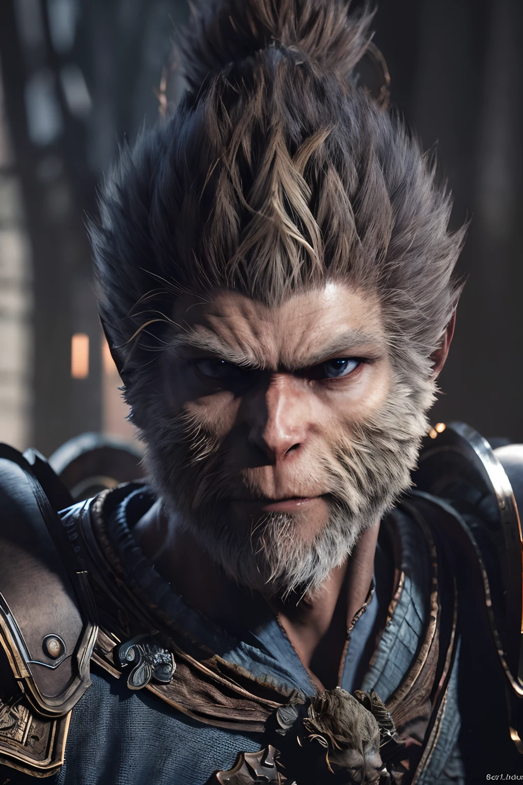 wukong \(black myth\),
1boy, solo, male focus, detailed eyes, shaded face,
fur chest, armor, blue clothes, pauldrons,
unreal engine, 8k, super detail,