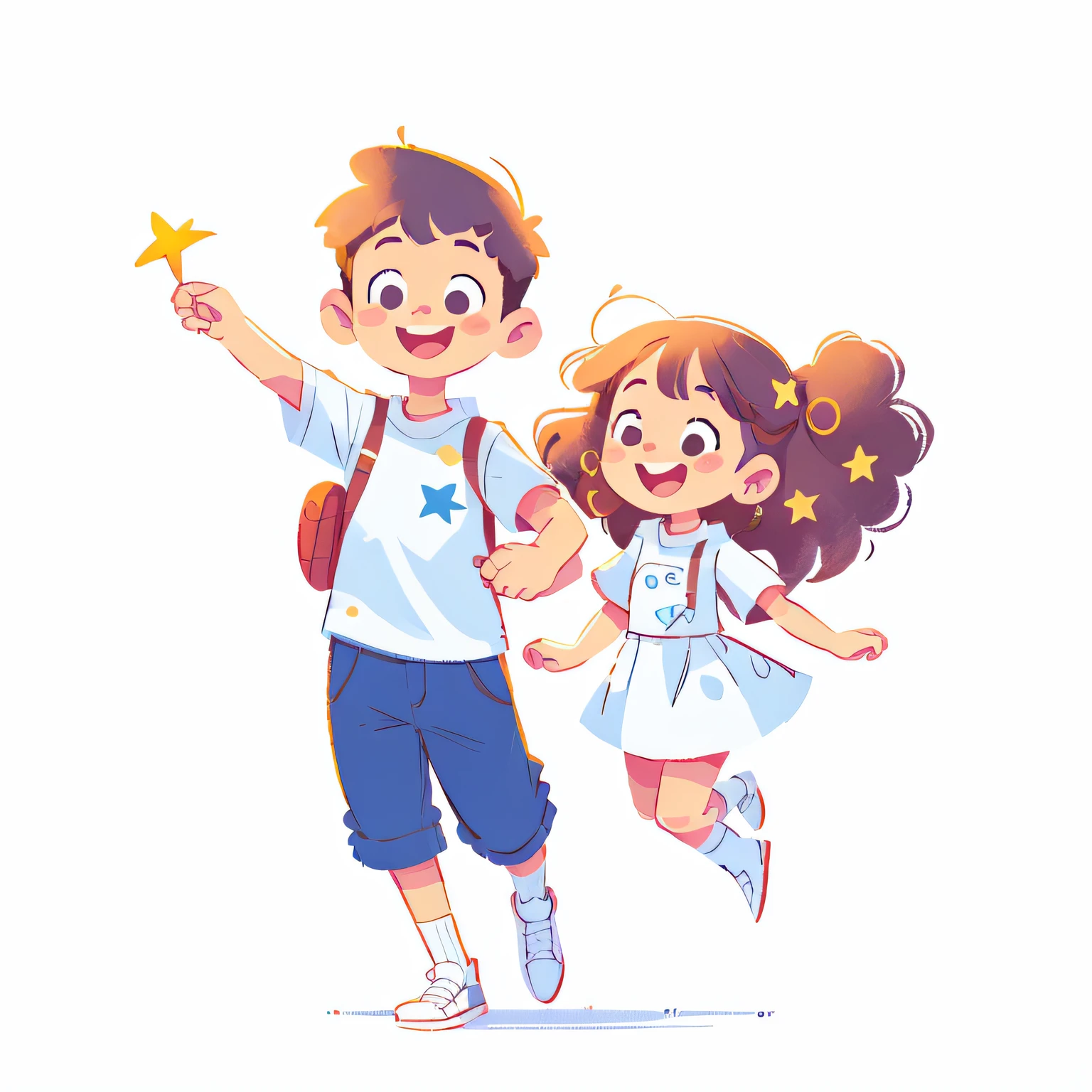 full body, happy Boy and Girl Holding a Star, Vector line art , b/w outline art, full white,white background, coloring style, (((((white background))))), only use outline., line art, clean line art, white background, Sketch style