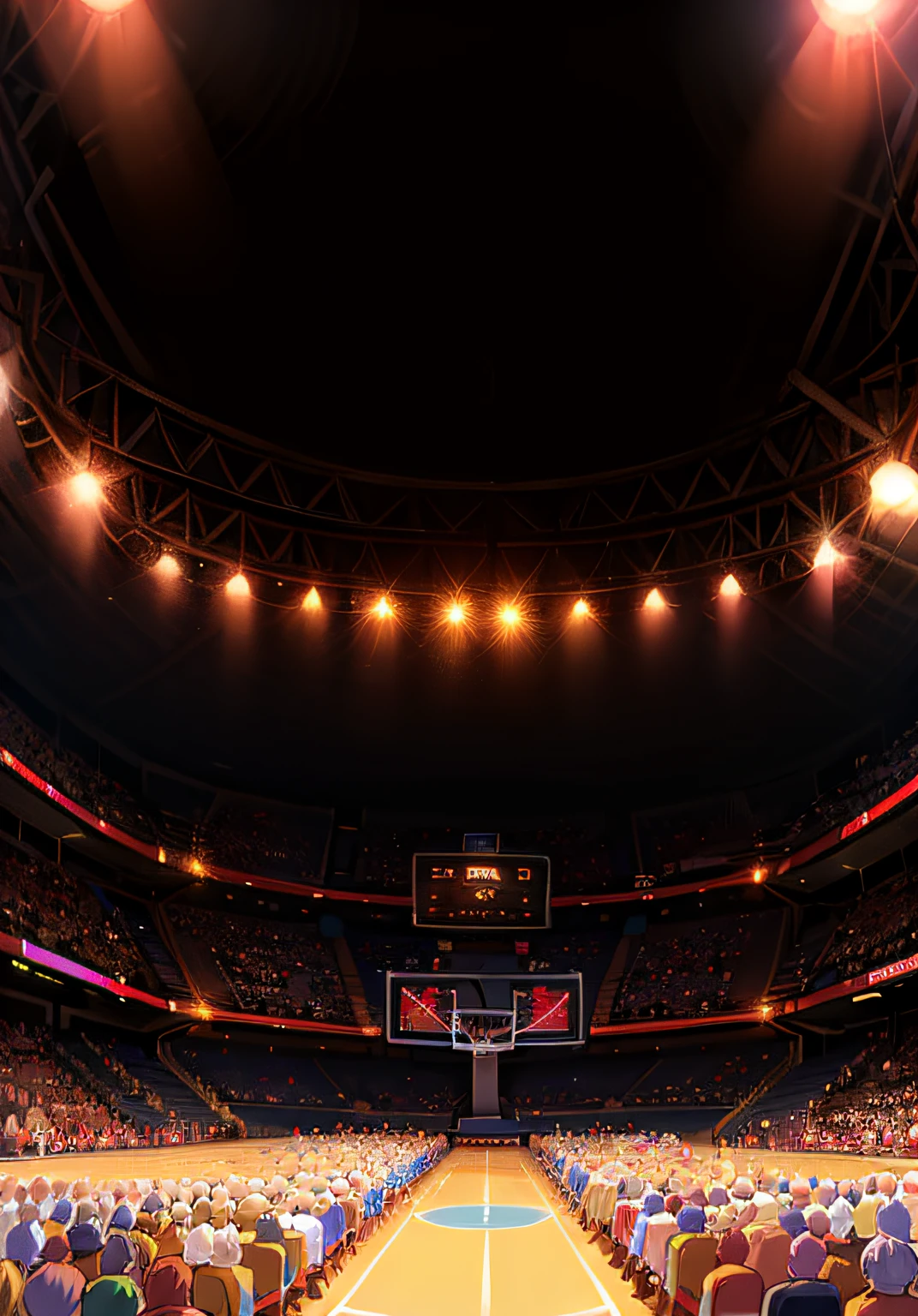 high qulity,4K,in a panoramic view,Faraway view,basketball playground,Male cat,Basketball tee stand,Bright lights,There were a lot of people in the audience
