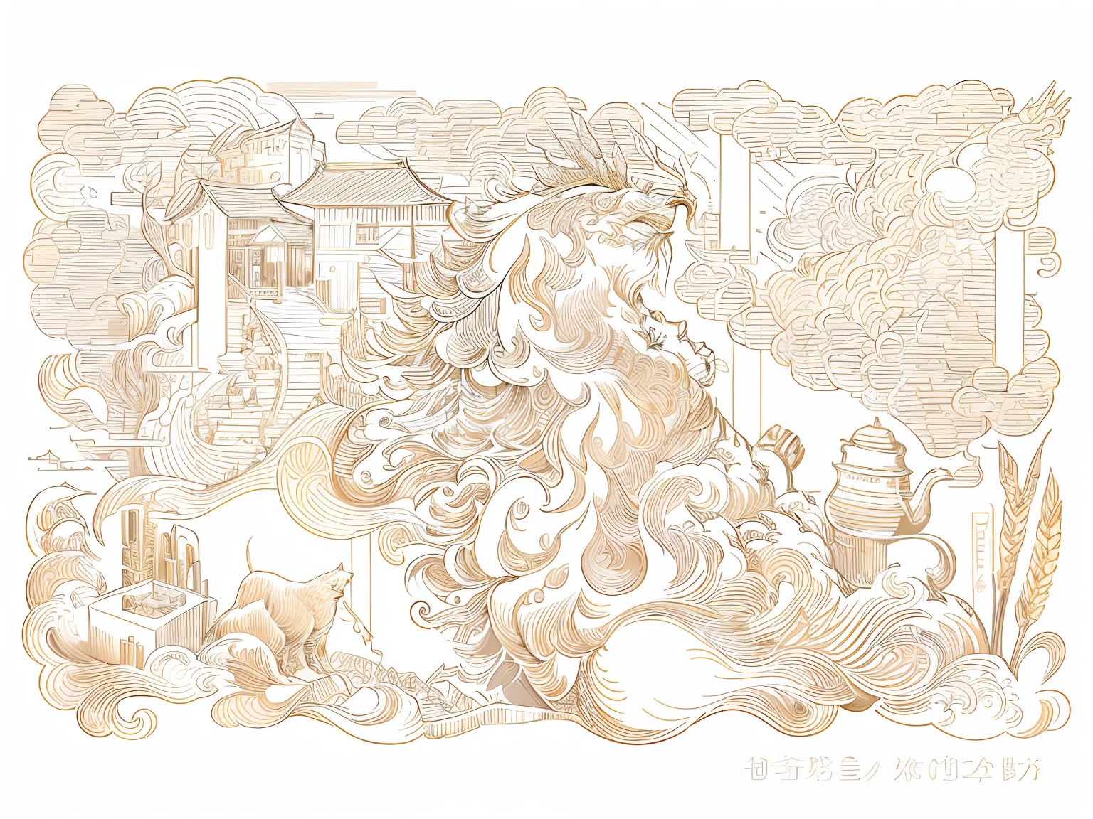 Close-up of brewed sake on top,There is a scene of the autumn harvest of wheat,There are a large number of clouds on top,The sun has a complex illustration, detailed intricate illustration, line art illustration, intricate detailed illustration, chinese brush pen illustration, Elaborate ink illustration, intricate details illustration, exquisite line art, intricate gold linework, intricate ink illustration, A beautiful artwork illustration, extremely detailed linework, detailed scenic view