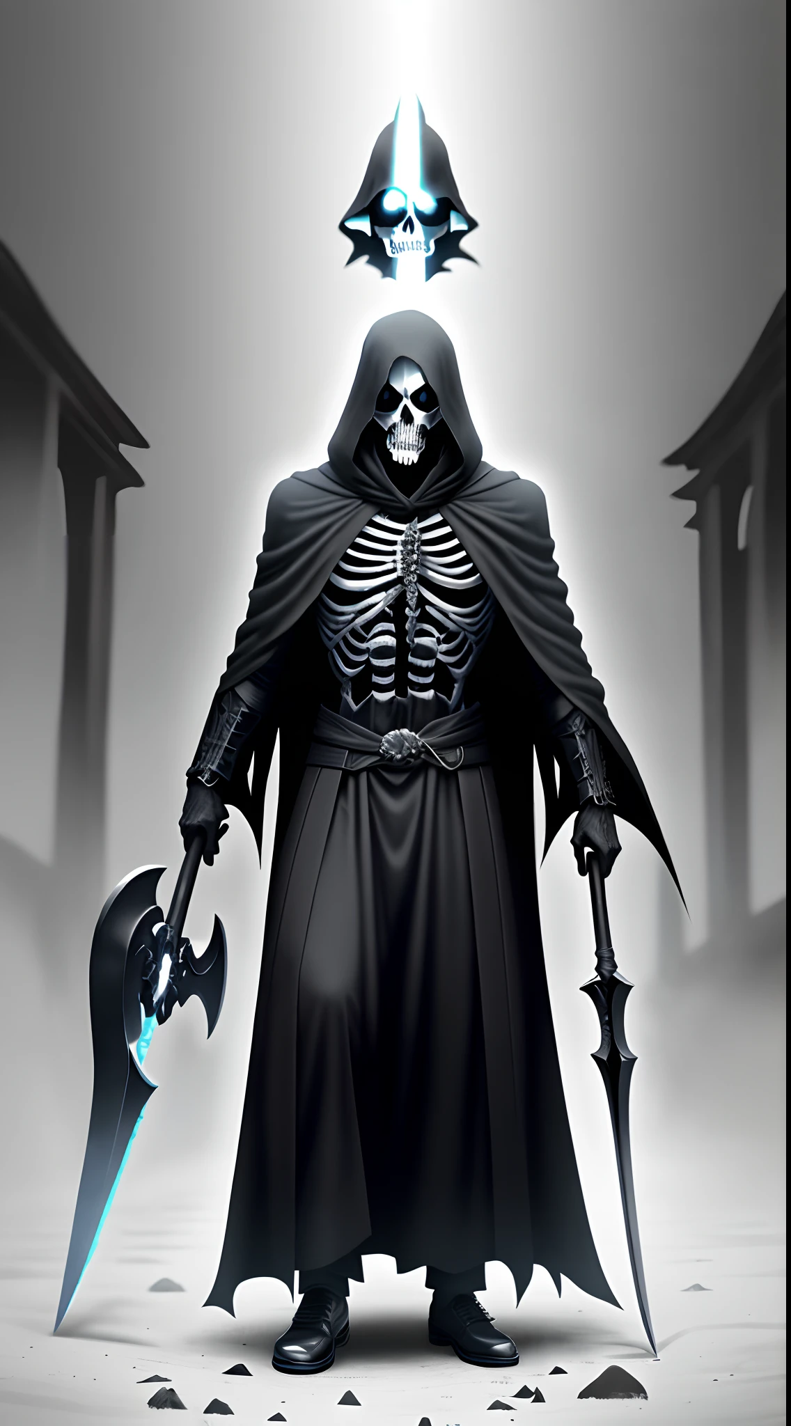 (extremely detailed CG unity 8k wallpaper, masterpiece, best quality, ultra-detailed), death personified, the embodiment of the end of life, floating, dark cloak,(skeletal anatomy), scythe, ominous atmosphere, (glowing eyes), (eternal darkness), (haunting laughter), (loneliness), darkness enveloping, (gloominess), vignetting.