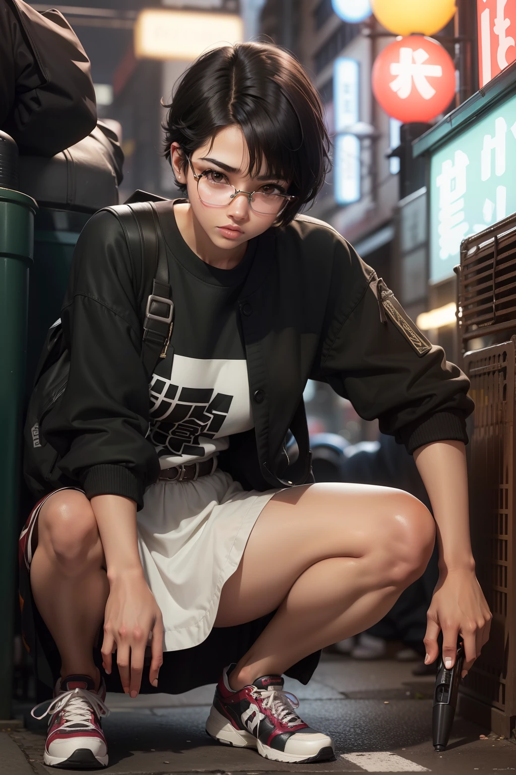 1girl, beautiful girl, wearing eyeglasses, brown skin, small mole on her left cheek, full body, Body Length 150 cm, 20 years old, brown skin girl, .(short black hair, Street hairstyle) , (black eyes), realistic eyes, beautiful and big eyes), masculine clothing, yakoza clothes, Delinquent clothes, Wearing sneakers, Small breasts, (8k wallpaper), (Tokyo streets wallpaper) 8k, high quilty, realistic, beautiful realistic, Cool details, raw photo, realistic clothing, short hair, black hair, realistic hair, Light and cool lighting, photo realistic, Cel shaded, Gel lighting, ultra details