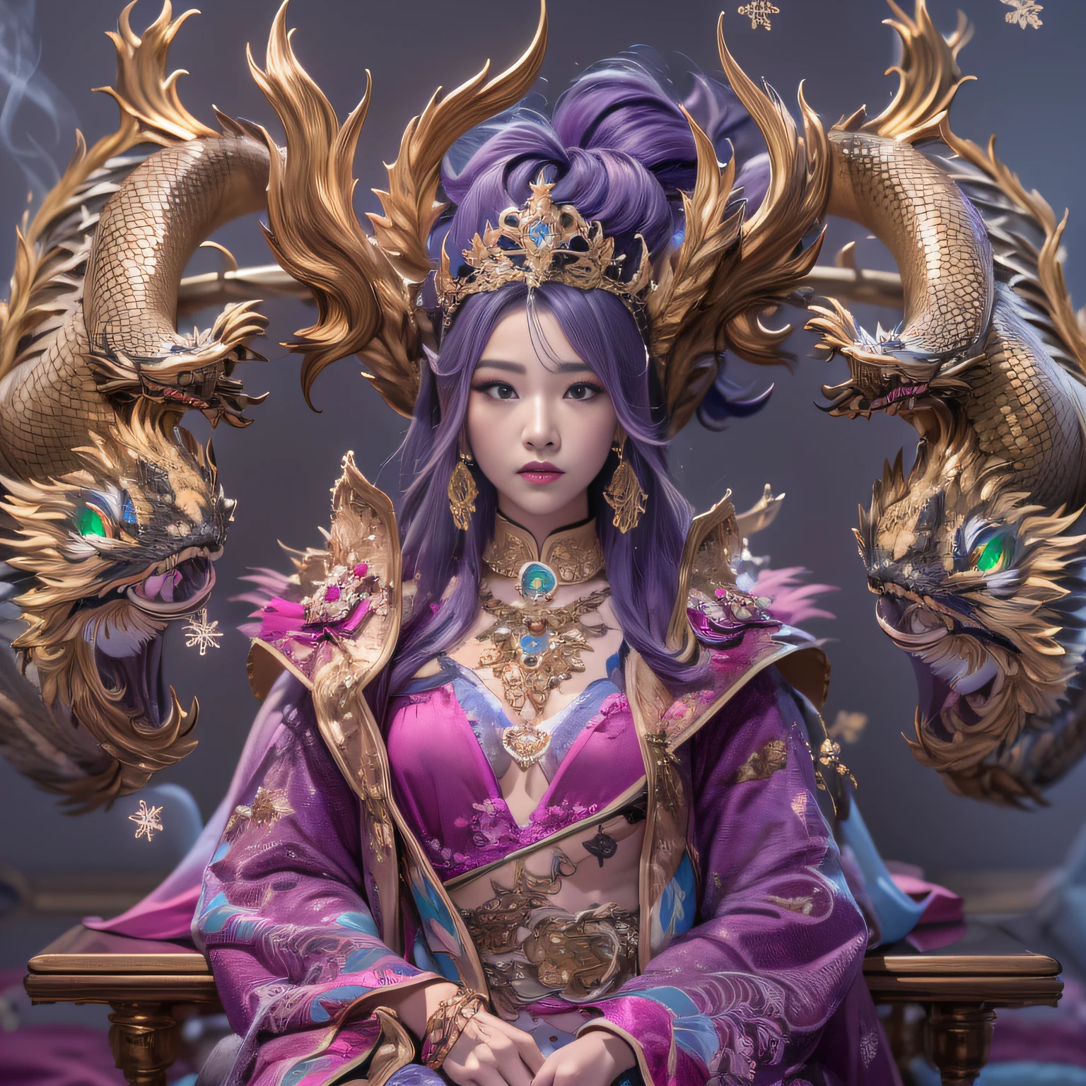 16k(tmasterpiece,k hd,hyper HD,16k)Short purple-pink hair,Gold jewelry area in the back room,Smoke ring Xuzhou girl ,Bronze Dragon Protector (realisticlying:1.4),Python pattern robe,Purple-pink tiara,Snowflakes fluttering,The background is pure,Hold your head high,Be proud,The nostrils look at people, A high resolution, the detail, RAW photogr, Sharp Re, Nikon D850 Film Stock Photo by Jefferies Lee 4 Kodak Portra 400 Camera F1.6 shots, Rich colors, ultra-realistic vivid textures, Dramatic lighting, Unreal Engine Art Station Trend, cinestir 800,Hold your head high,Be proud,The nostrils look at people