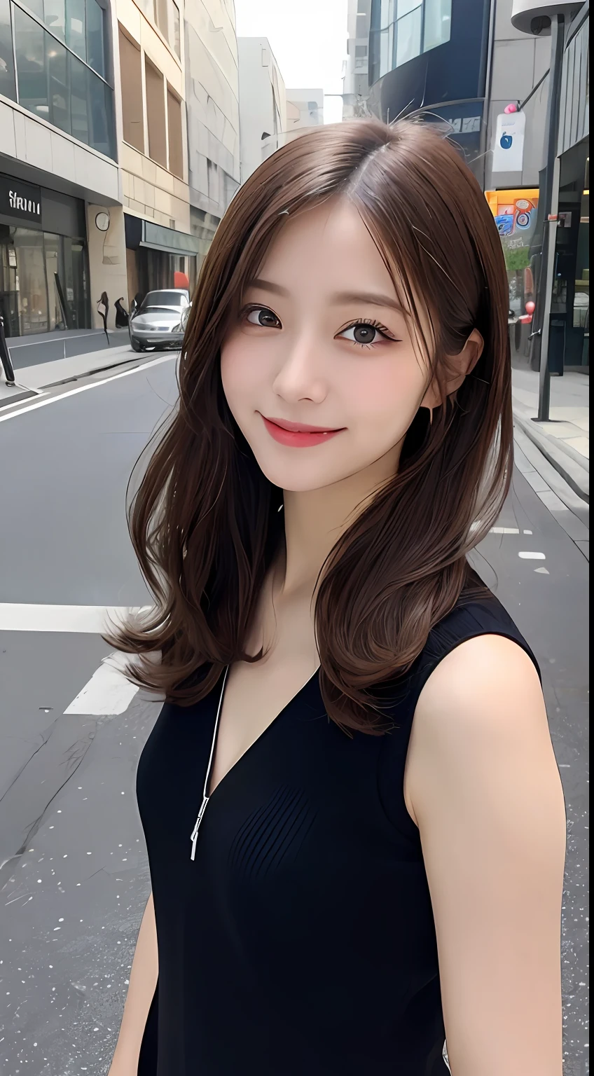 masutepiece, Best Quality, Illustration, Ultra-detailed, finely detail, hight resolution, 8K Wallpaper, Perfect dynamic composition, Beautiful detailed eyes, doress,Medium Hair, mid-chest, Natural Color Lip, Random and sexy poses,Smile,Aoyama Street Walk
