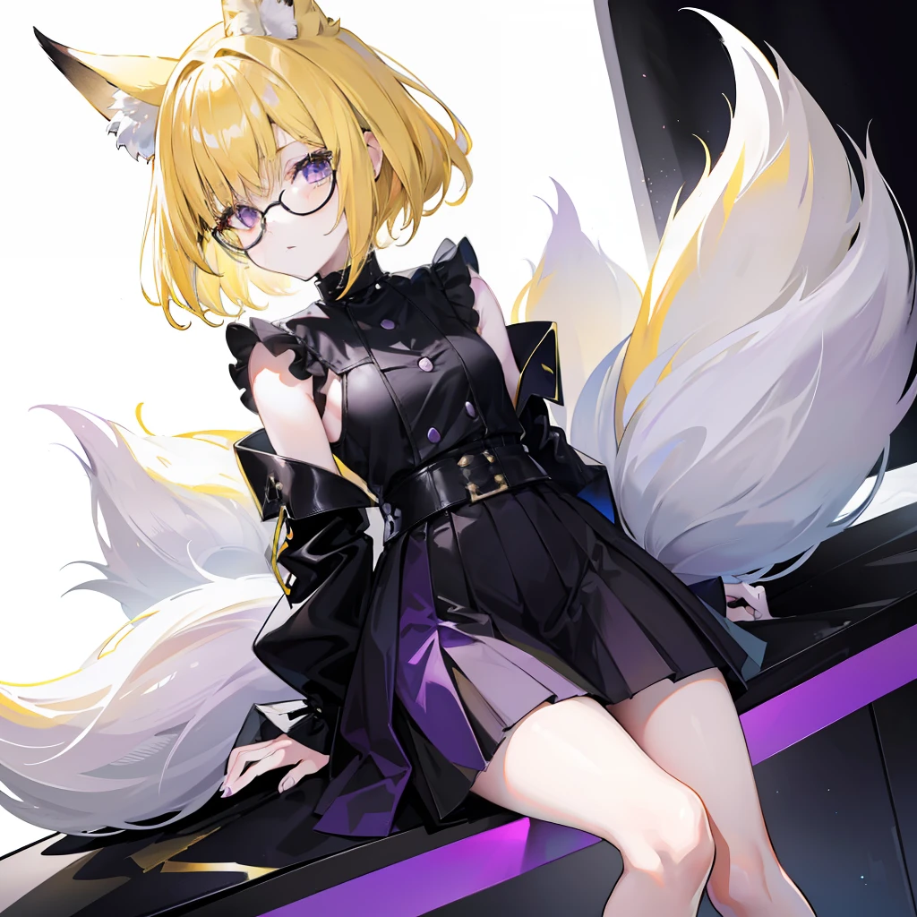 Short light yellow hair，Wear a black and purple fluffy skirt，It has yellow fox ears，Black extra-thick-rimmed glasses，Wears knee-length black silk，This is a cute loli girl