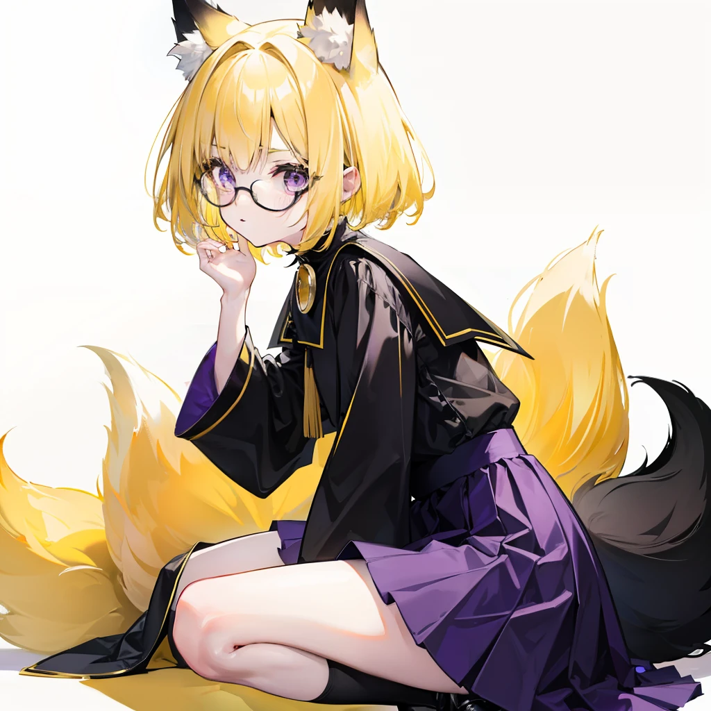 Short light yellow hair,Wear a black and purple fluffy skirt,It has yellow fox ears,Black extra-thick-rimmed glasses,Wears knee-length black silk,This is a cute loli girl