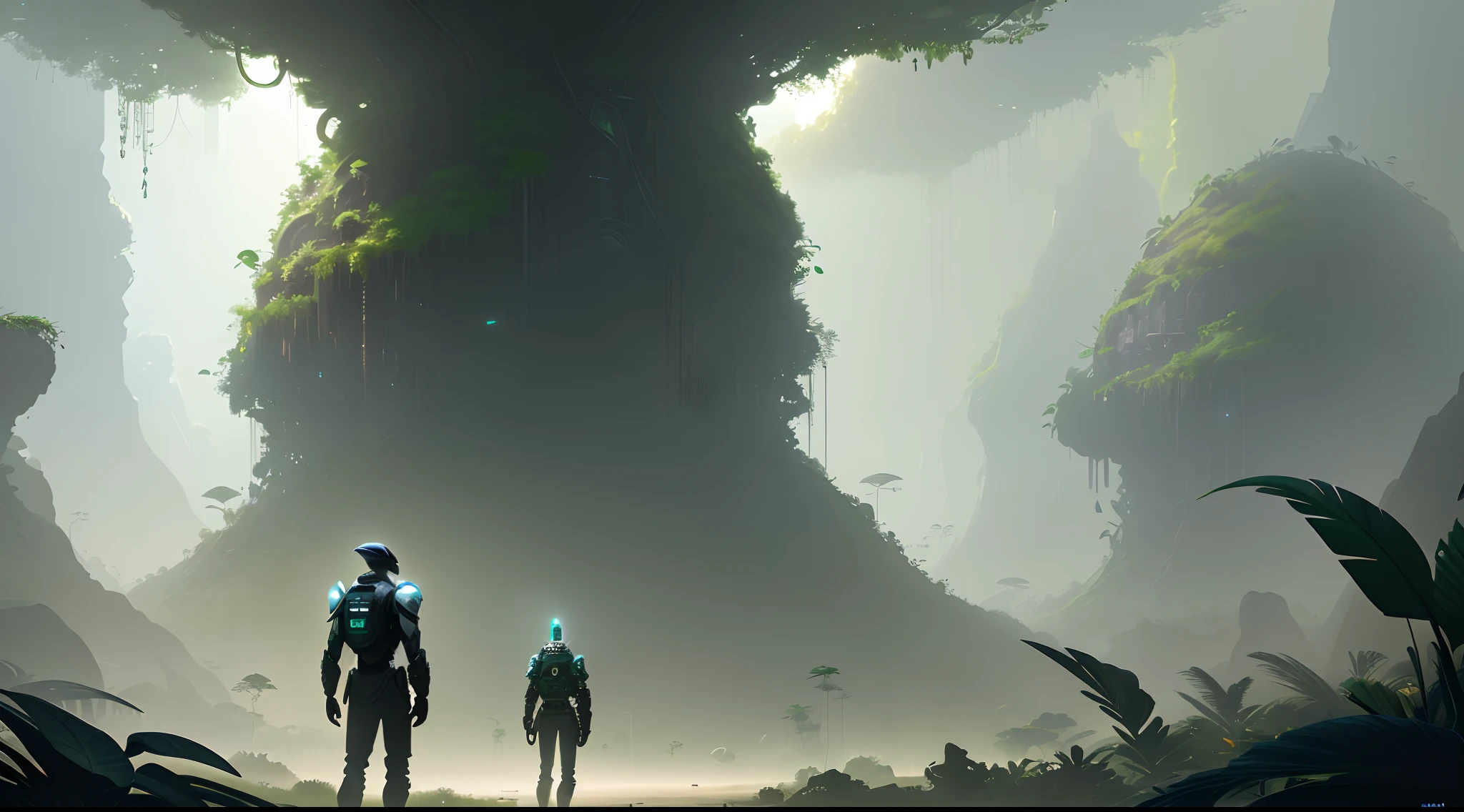 There is a man standing in the jungle, Alexander Jean's concept art, CGsociety competition winner, concept art, lush leafy cyberpunk, lush alien landscape, environmental concept art, winning concept artist, concept world art, environmental concept art, next to some alien plants, mysterious sci-fi concept art, inside the alien jungle, 8k