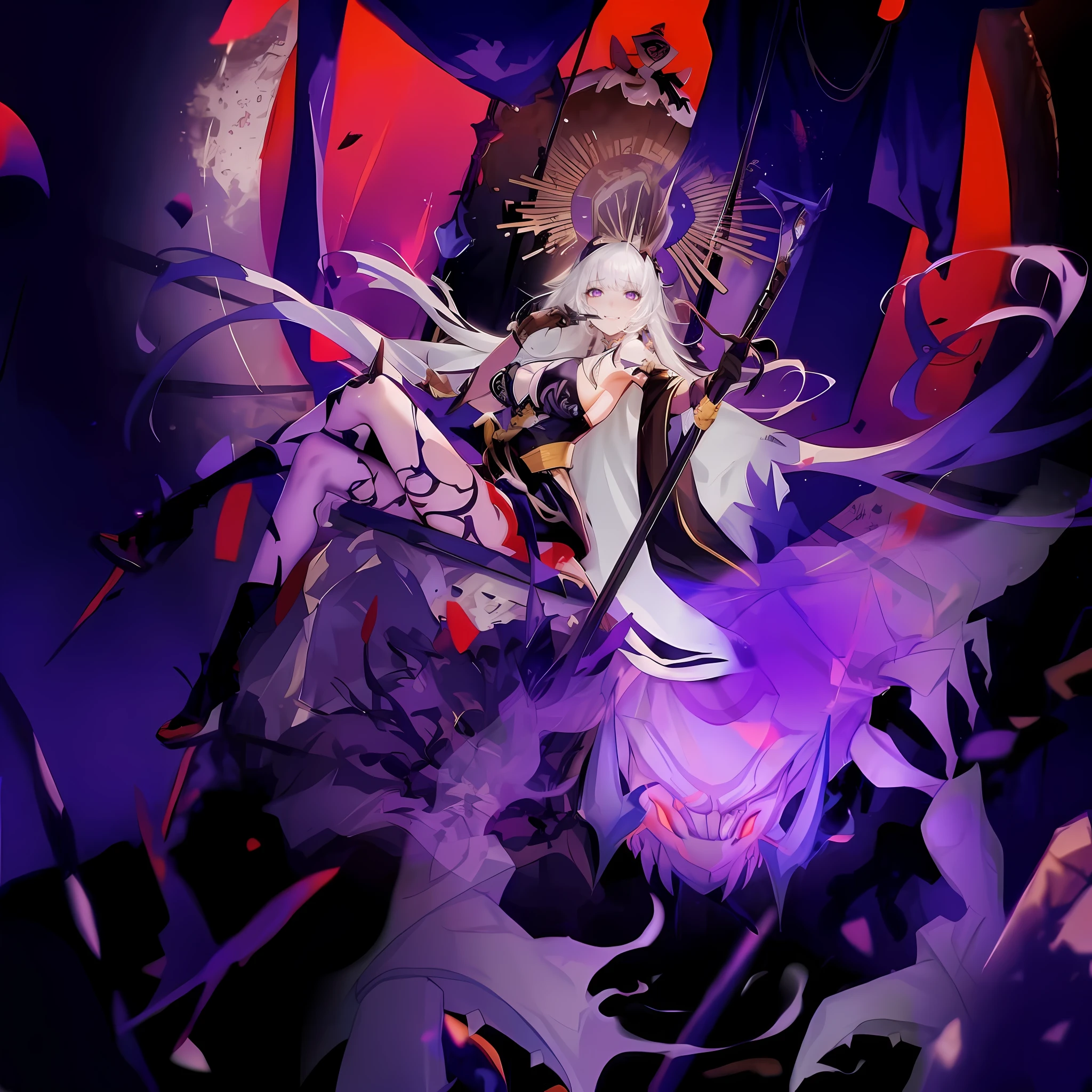 tmasterpiece,HighestQuali,Solo,1girll,full bodyesbian,Masterpiece, Best emoji quality, Detailed,1 girl, Long sword,Disheveled hair,Cool face, Medium breasts, full bodyesbian, A high resolution, Detailed sky, 4K,ruler_af_Thunder,view the viewer,Highly detailed, Extremely detailed Cg Unity 8K wallpaper, illustration, A high resolution, Evil expression,Sick,absurderes, Beautiful detailed eyes, highly detail hair,((Masterpiece)), 1girll, Smile ,Striped hair, Purple hair, White hair,hand gun,Stand up,, Masterpiece, Best quality,