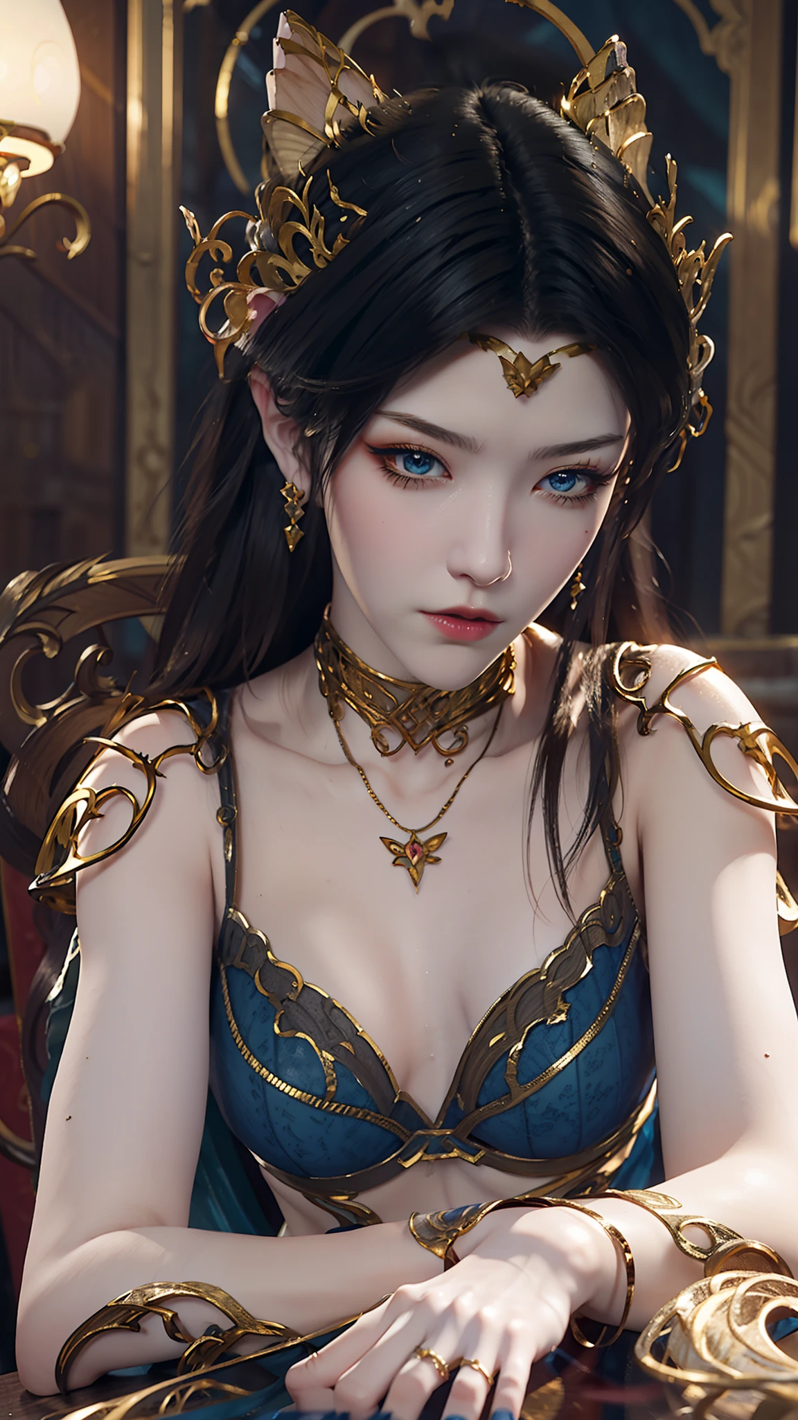 The Arad woman in a blue dress sits at the table, closeup fantasy with water magic, 2. 5 D CGI anime fantasy artwork, Anime fantasy illustration, Detailed digital anime art, beautiful fantasy anime, Smooth anime CG art, Anime fantasy artwork, 8K high quality detailed art, Realistic anime 3 D style, ultra detailed water, beautiful and seductive anime woman