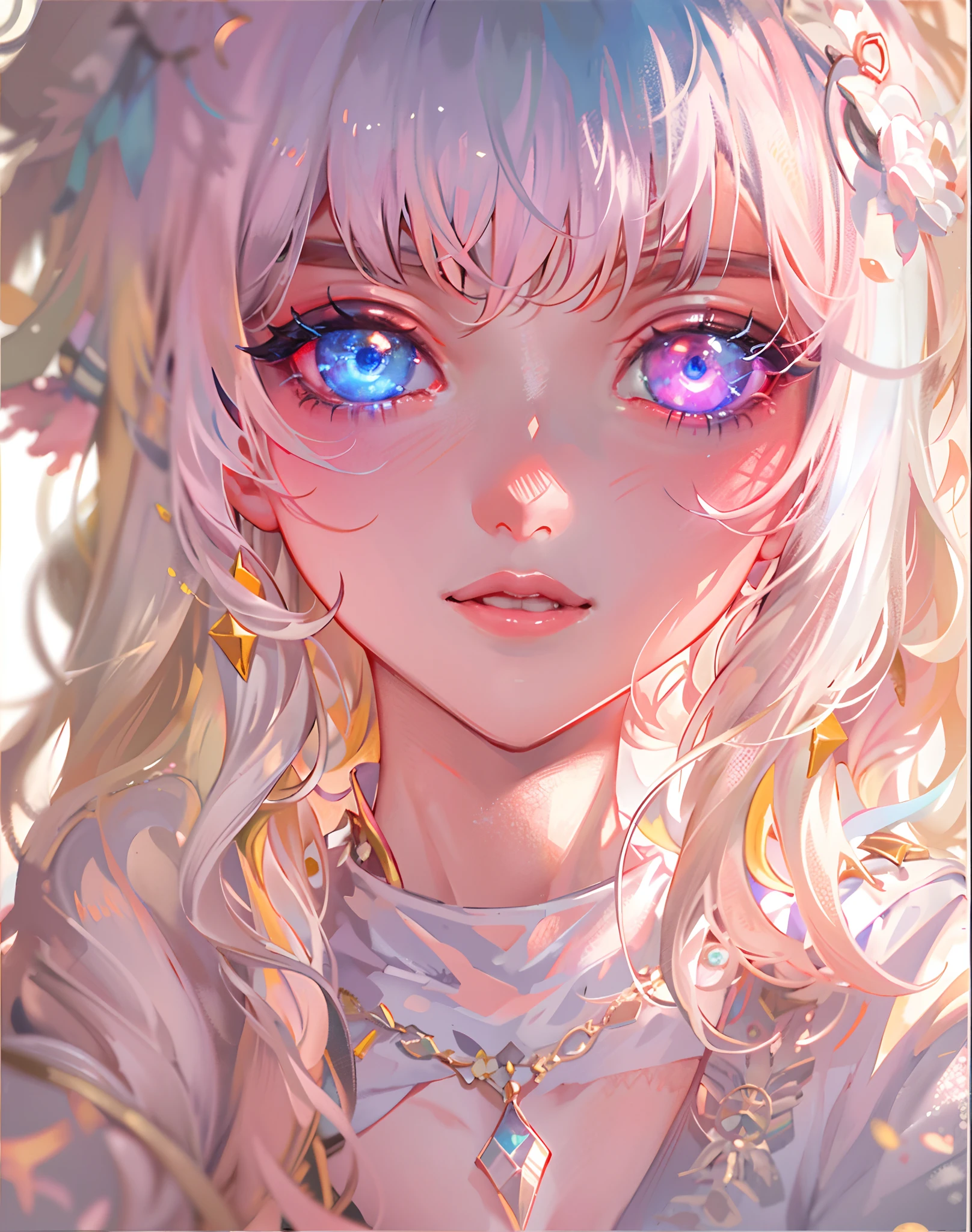 {{Masterpiece}}，Best quality at best，Very detailed CG unity 8K wallpaper，电影灯光，lens flare glow，beatiful detailed eyes，black in color，side looking，multicolour hair，Colorful light，particulate，Heterochromia，（a color：1.5），（The color hair:1.5),perfect bodies，Perfect face，fashionable attire，clothes see-through，There is light in the eyes，Colored shiny spots，Bright eyes，Smile sweetly，Blushlush