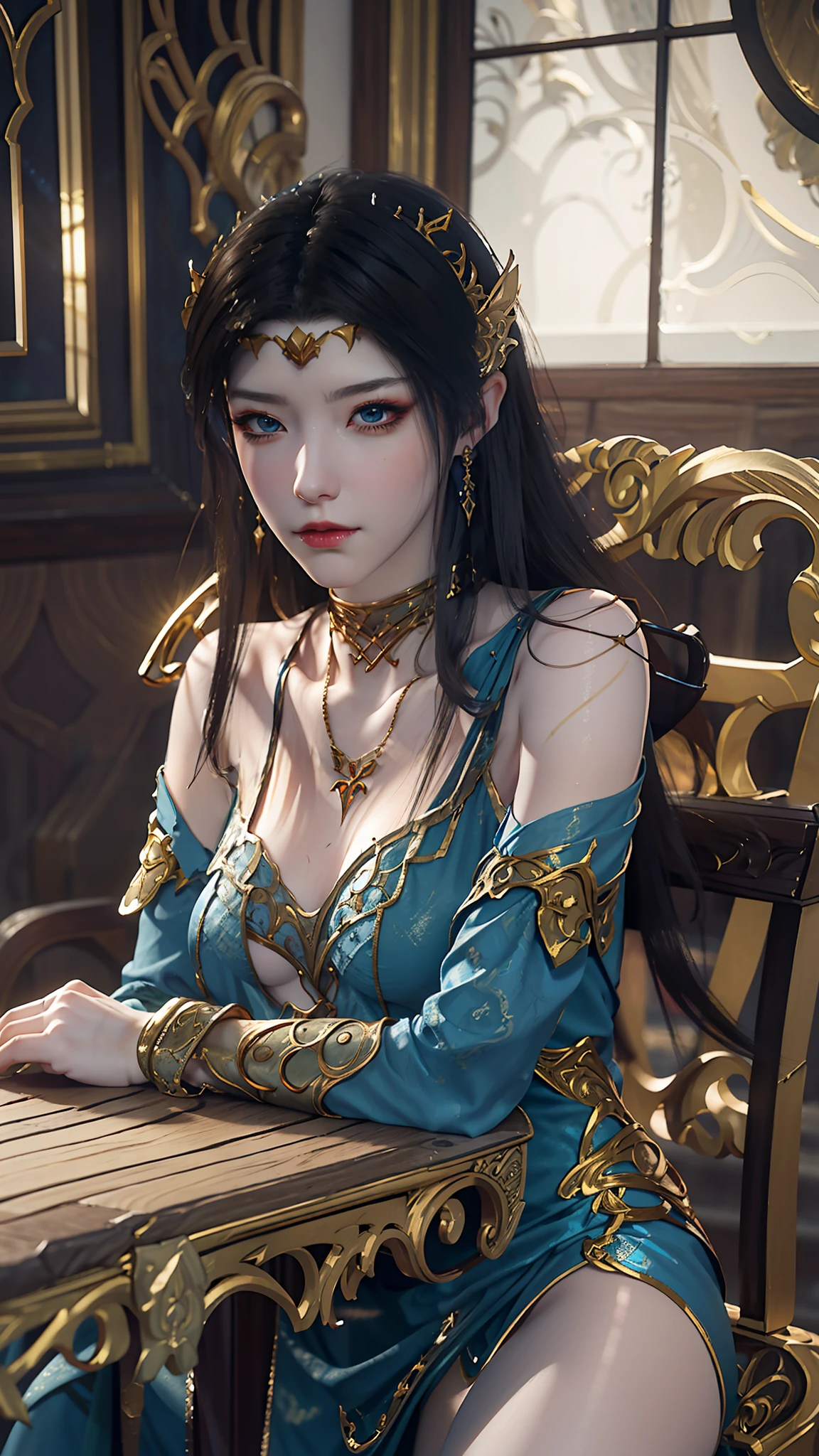 The Arad woman in a blue dress sits at the table, closeup fantasy with water magic, 2. 5 D CGI anime fantasy artwork, Anime fantasy illustration, Detailed digital anime art, beautiful fantasy anime, Smooth anime CG art, Anime fantasy artwork, 8K high quality detailed art, Realistic anime 3 D style, ultra detailed water, beautiful and seductive anime woman