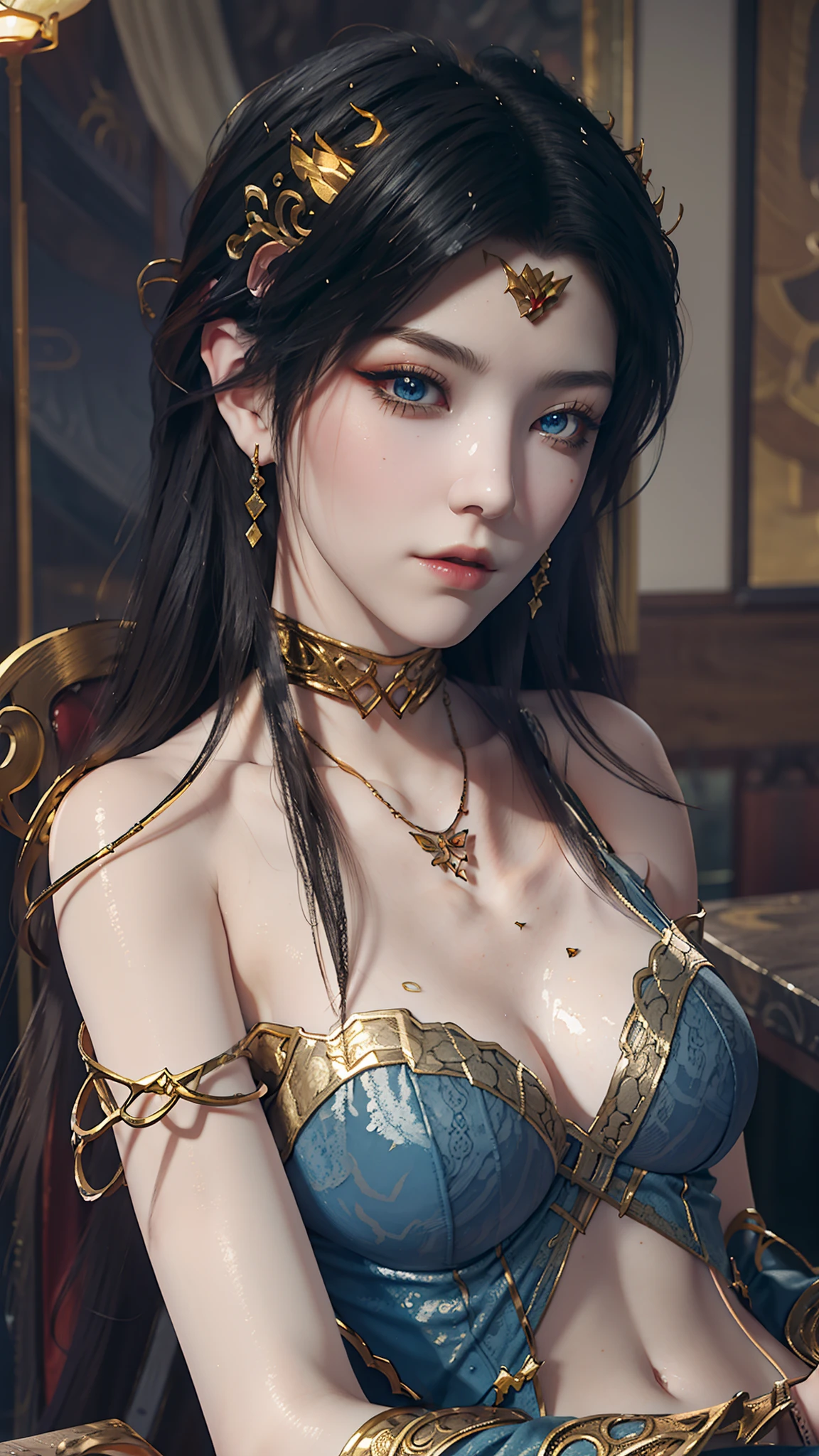 The Arad woman in a blue dress sits at the table, closeup fantasy with water magic, 2. 5 D CGI anime fantasy artwork, Anime fantasy illustration, Detailed digital anime art, beautiful fantasy anime, Smooth anime CG art, Anime fantasy artwork, 8K high quality detailed art, Realistic anime 3 D style, ultra detailed water, beautiful and seductive anime woman