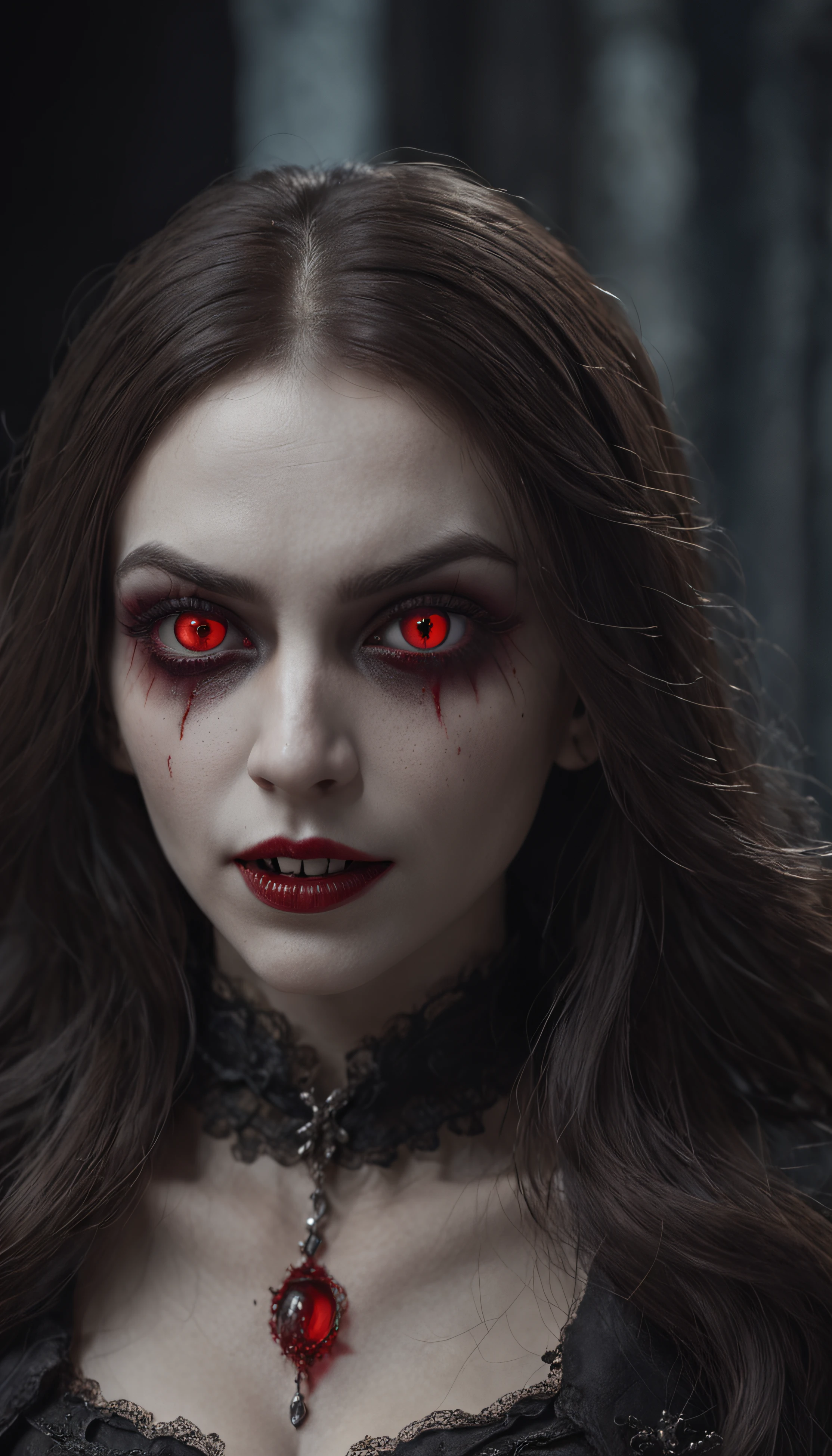 Masterpiece, highest quality, 8K HD, 1 vampire girl, Scary atmosphere, Gothic, open mouth, vampire teeth, Red eyes
,(masterpiece award winning , best quality:1. 2) , Christian Zombie Vampire, detailed face , grey eyes, cinematic , gloomy illumination, horror aesthetic, highly detailed environment, 16k, UHD, HDR, (Masterpiece:1. 5), (best quality:1. 5)