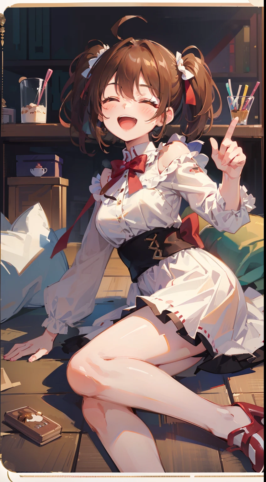 (masterpiece), (best quality), ultra high res, sharp focus, ((1 young girl, solo)), (in the birthday party), full body, in polaroid, beautiful detailed hair, chestnut brown hair, twintails short hair, beautiful detailed face, (close eyes:1.2) perfect feminine face, comfortable face, big smile, cute pastel color birthday outfit --style raw