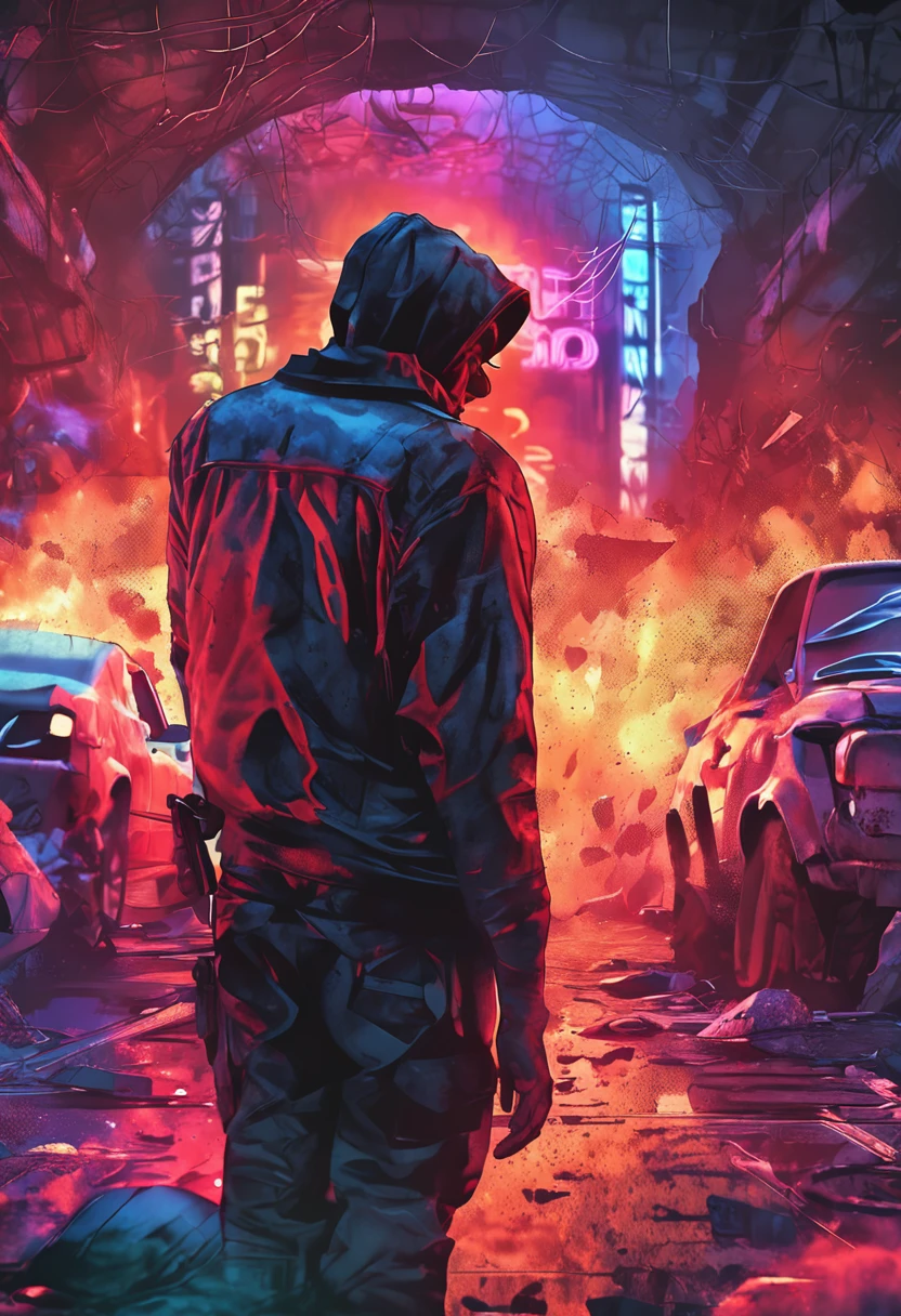 view the viewer, playing chess, Thinking, Confident demeanor, Masterpiece, Top quality, Best quality, High quality, Ultra-detailed, fire in the background, Vibrant colors, Solo, Extremely detailed