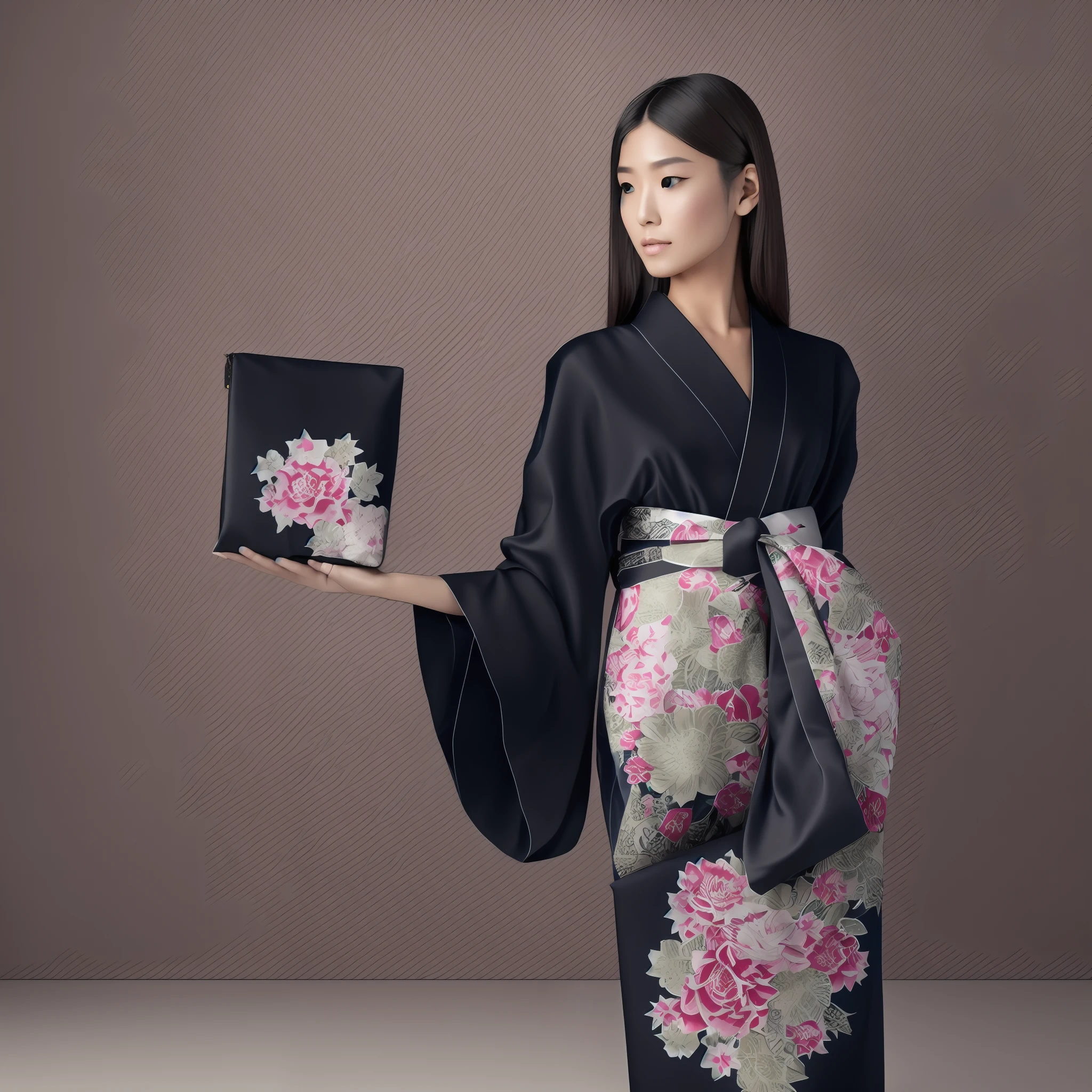 beautiful model wearing black contemporary simplified japanese dress, holding a kimono fabric clutch. photo realistic image