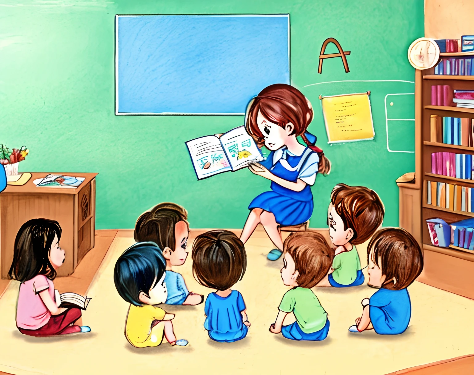 cartoon illustration of a teacher reading to a group of children, children book illustration, colorful kids book illustration, childrenbook illustration, kids book illustration, children’s book illustration, children's book illustration, childrens book illustration, story book illustration, childrens illustration, children's illustration, children illustration, children's book drawing, children\'s book drawing, illustration for children