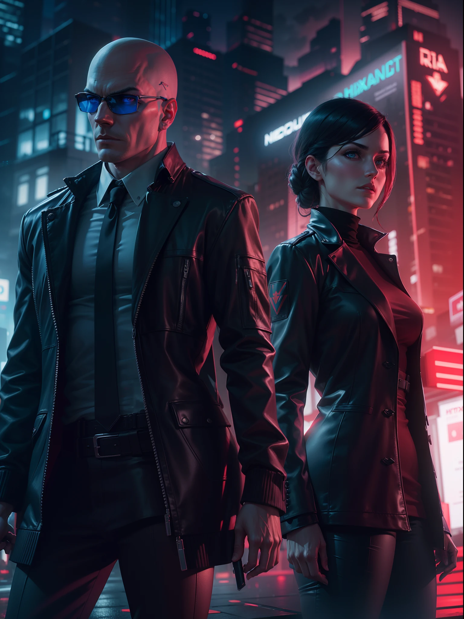 Hitman and hitwoman, agents on thrilling mission, matrix background blur neon glow lighting effects realistic night vision huge architecture red and blue light combination, detailed skin and face, 8K UHD graphics, ray tracing Nvidia RTX 4090