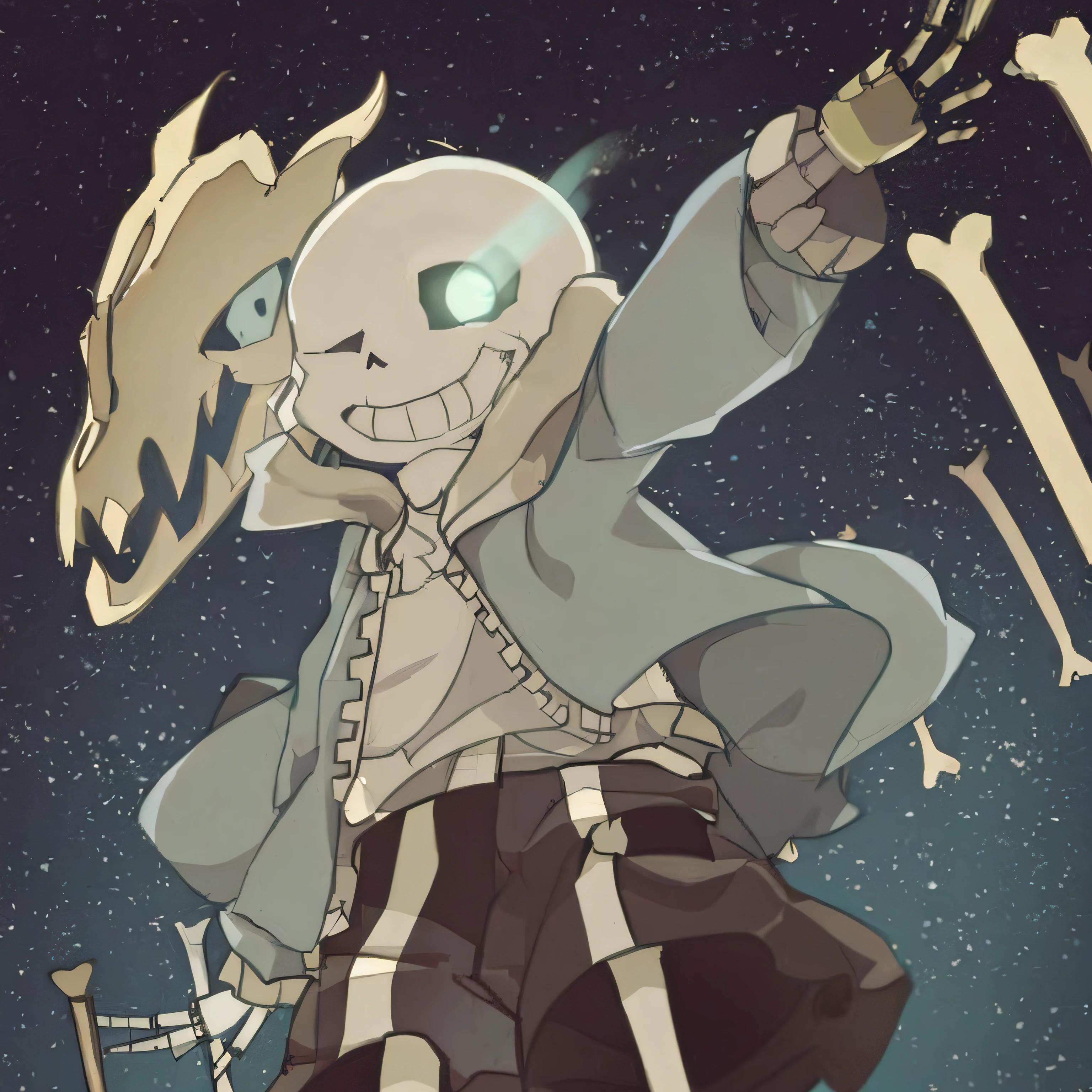 Close-up of cartoon characters carrying skeletons, sans undertale, sans from undertale, in style of cytus and deemo, Undertale Frisk, asriel dreemurr, ( ( ( Skeleton ) ) ), Skeleton King, Glowing bones, bone armor, skelleton, the wallpaper!, boney, High-quality fanart, Bones, bone scepter