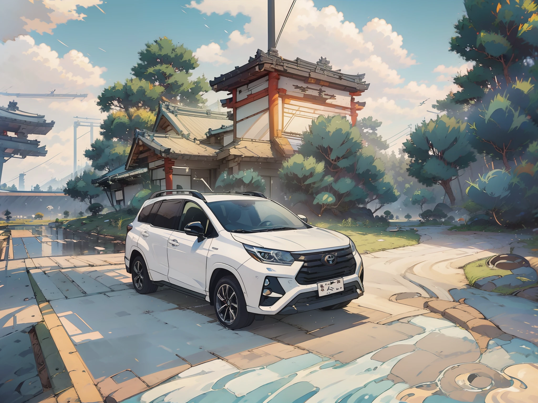 Car parking at the park, Toyota Veloz SUV, best quality, anime style, high highway background, Japan city, japan Park