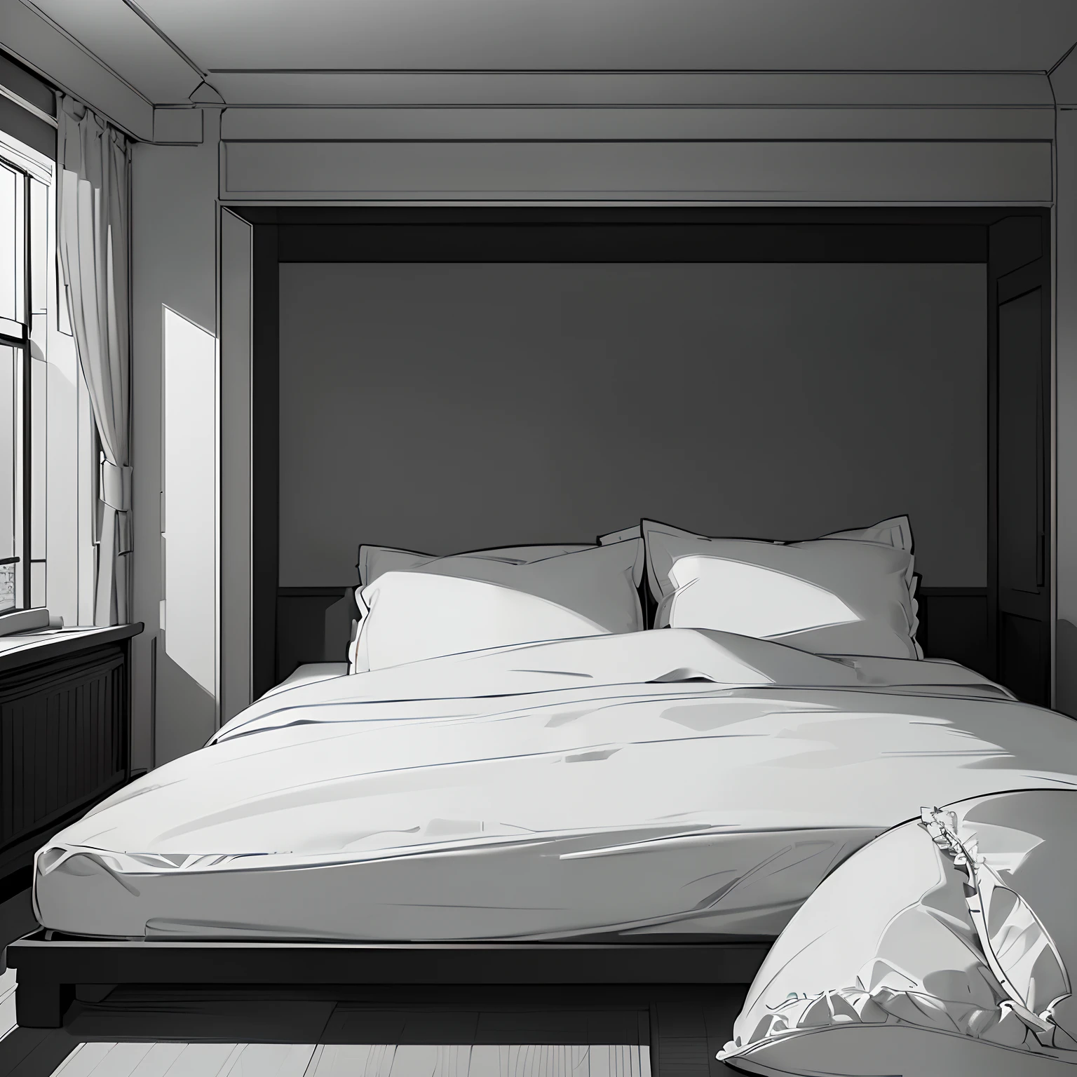 masterpiece、top-quality、High-quality images、8K、 ((unmanned、Background with、Precise perspective、line-drawing、Contour extraction、Monochrome grayscale、Moderate shading、Medium omission)):1.4 a room((bedroom、a bed、futon bedding、PILLOWS、bedsheet、Speciality、Since a while ago、typical、unmanned)):1.5
